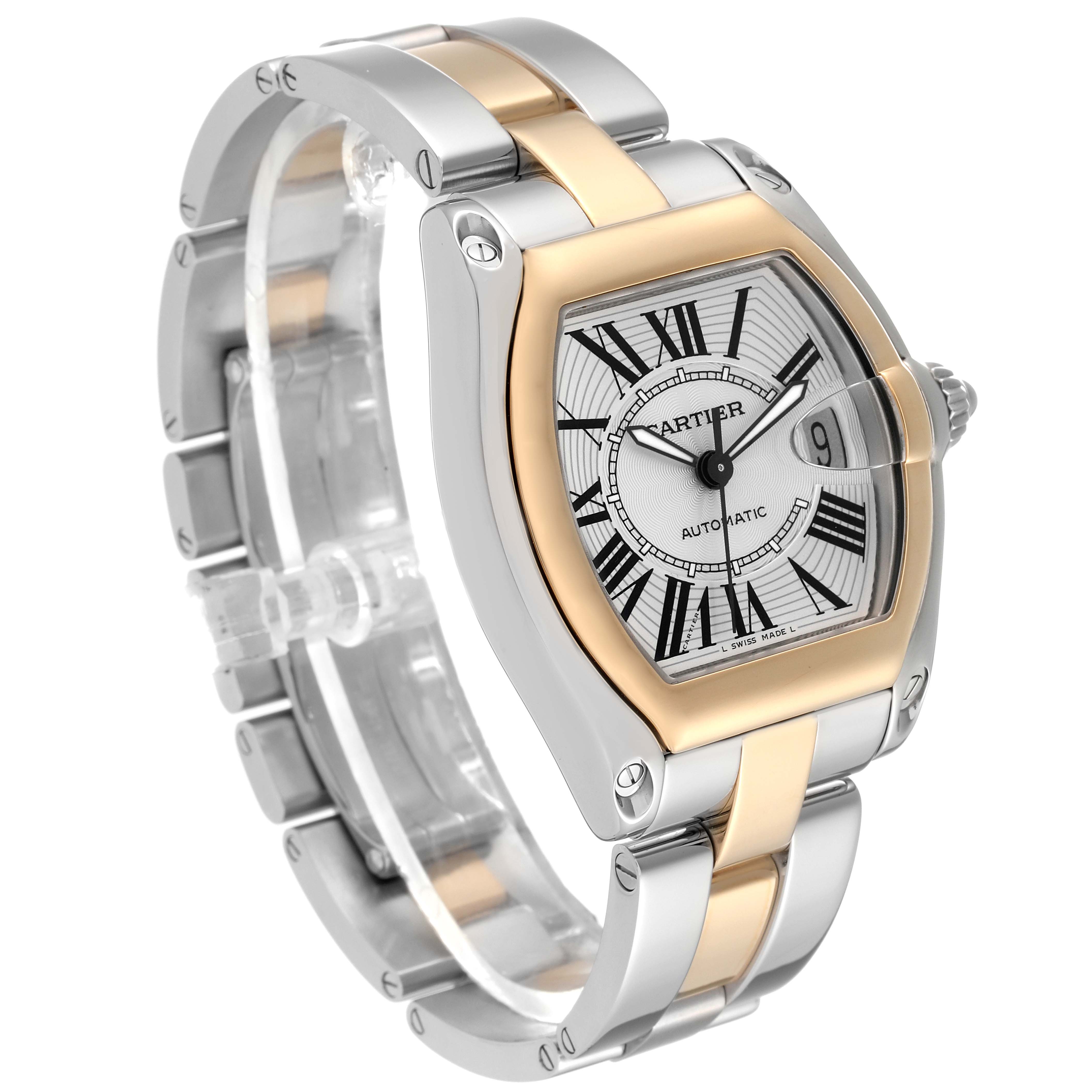 The image shows a Cartier Roadster W62031Y4 Men
s Steel and Gold (two tone) Silver Dial W62031Y4 Men
s Steel and Gold (two tone) Silver Dial watch at a three-quarter angle, highlighting the face, bezel, and two-tone bracelet.