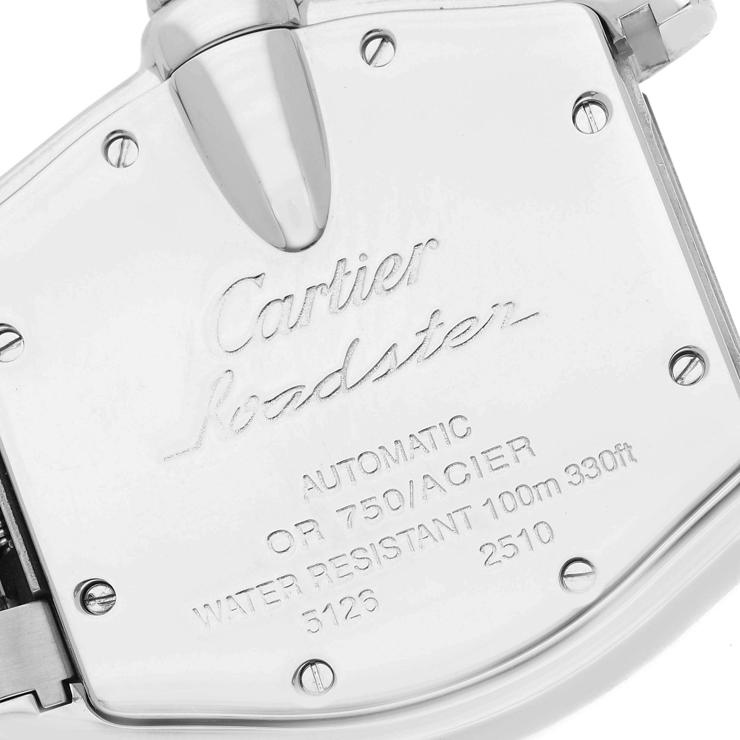 The image shows the back case of a Cartier Roadster W62031Y4 Men
s Steel and Gold (two tone) Silver Dial W62031Y4 Men
s Steel and Gold (two tone) Silver Dial watch at a slight angle.