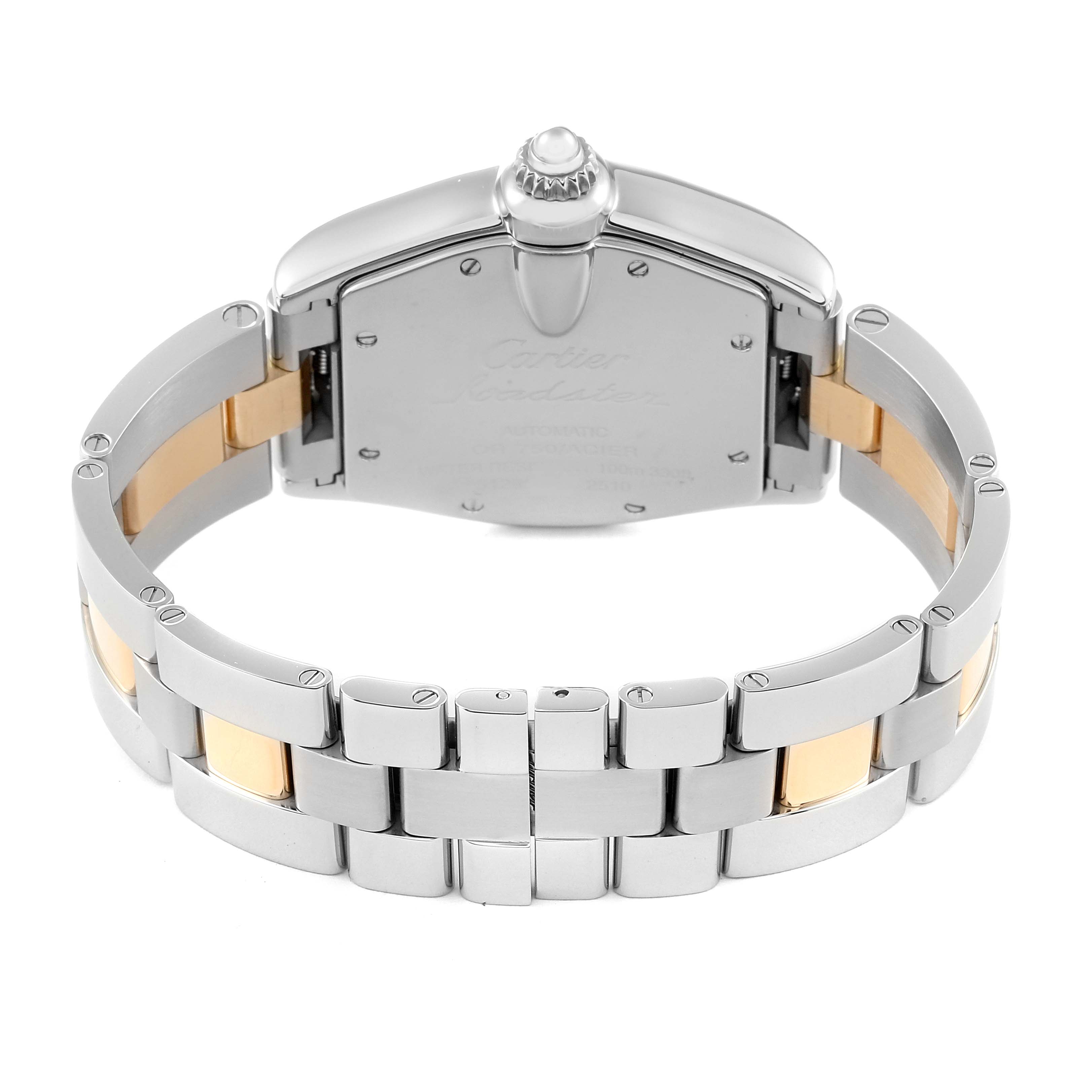 This image shows the back view of the Cartier Roadster W62031Y4 Men
s Steel and Gold (two tone) Silver Dial W62031Y4 Men
s Steel and Gold (two tone) Silver Dial watch, including the clasp and part of the bracelet.