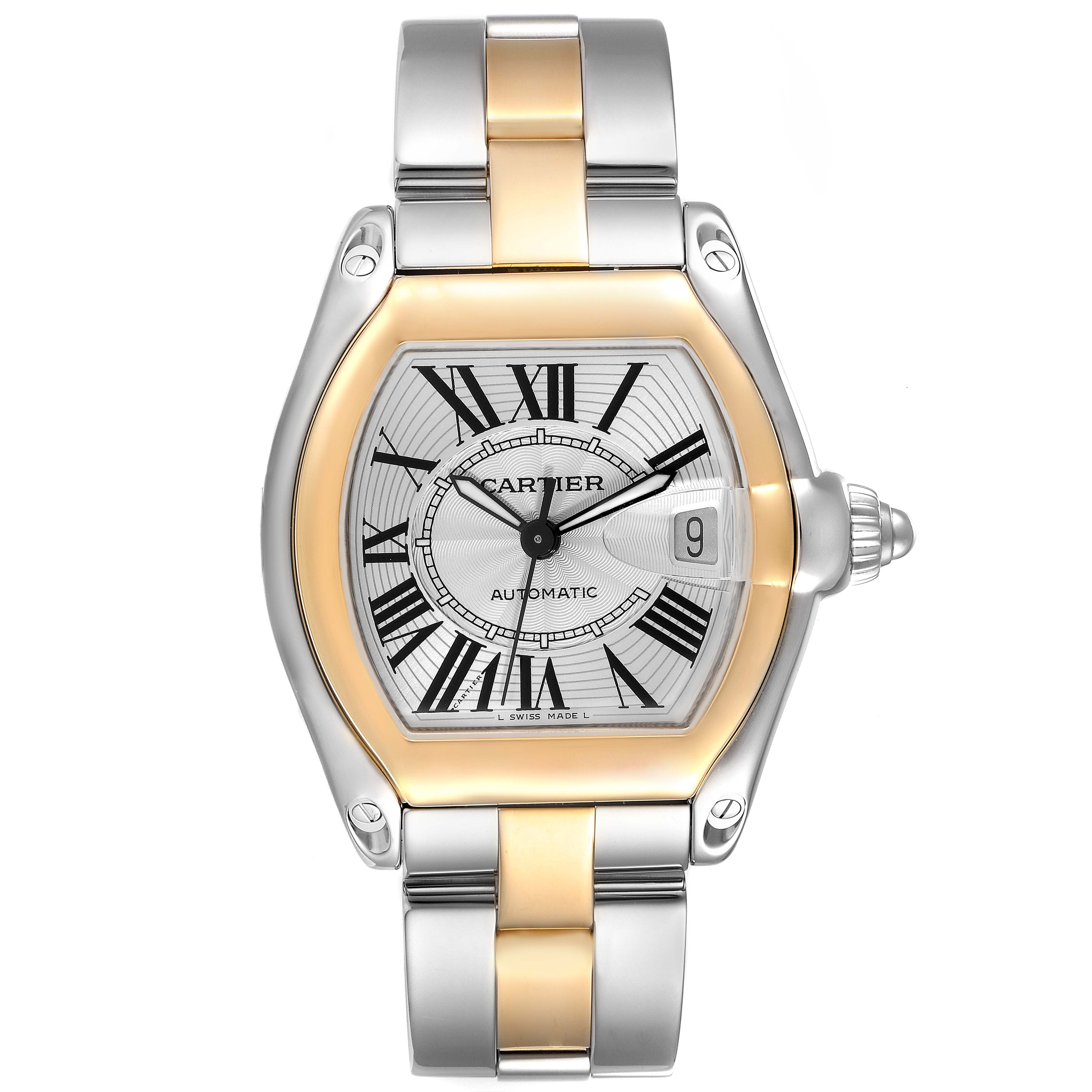 This image shows a frontal view of the Cartier Roadster W62031Y4 Men
s Steel and Gold (two tone) Silver Dial W62031Y4 Men
s Steel and Gold (two tone) Silver Dial watch, highlighting its face, bezel, and bracelet.