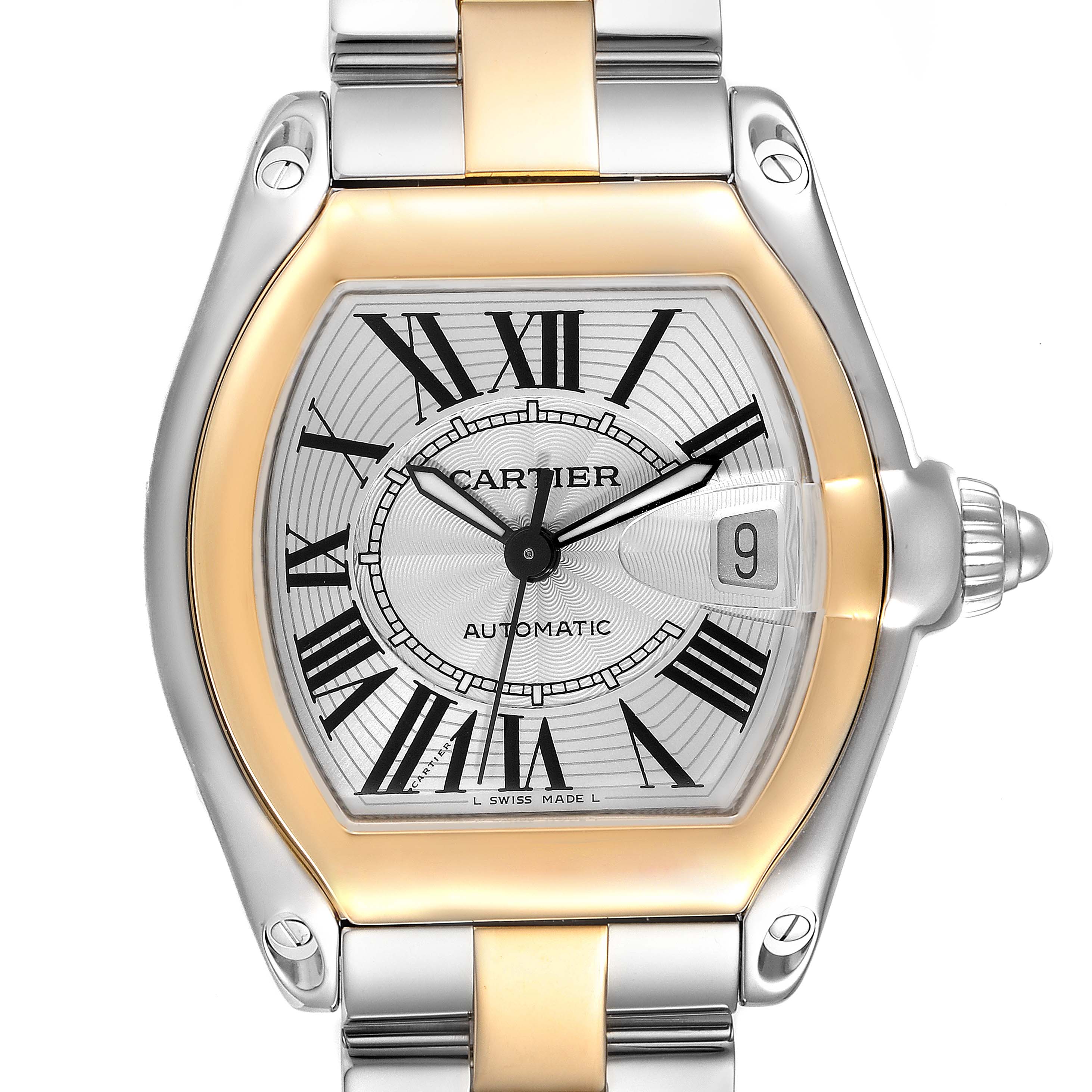 The image shows a front view of a Cartier Roadster W62031Y4 Men
s Steel and Gold (two tone) Silver Dial W62031Y4 Men
s Steel and Gold (two tone) Silver Dial watch, highlighting the dial, case, crown, and part of the bracelet.