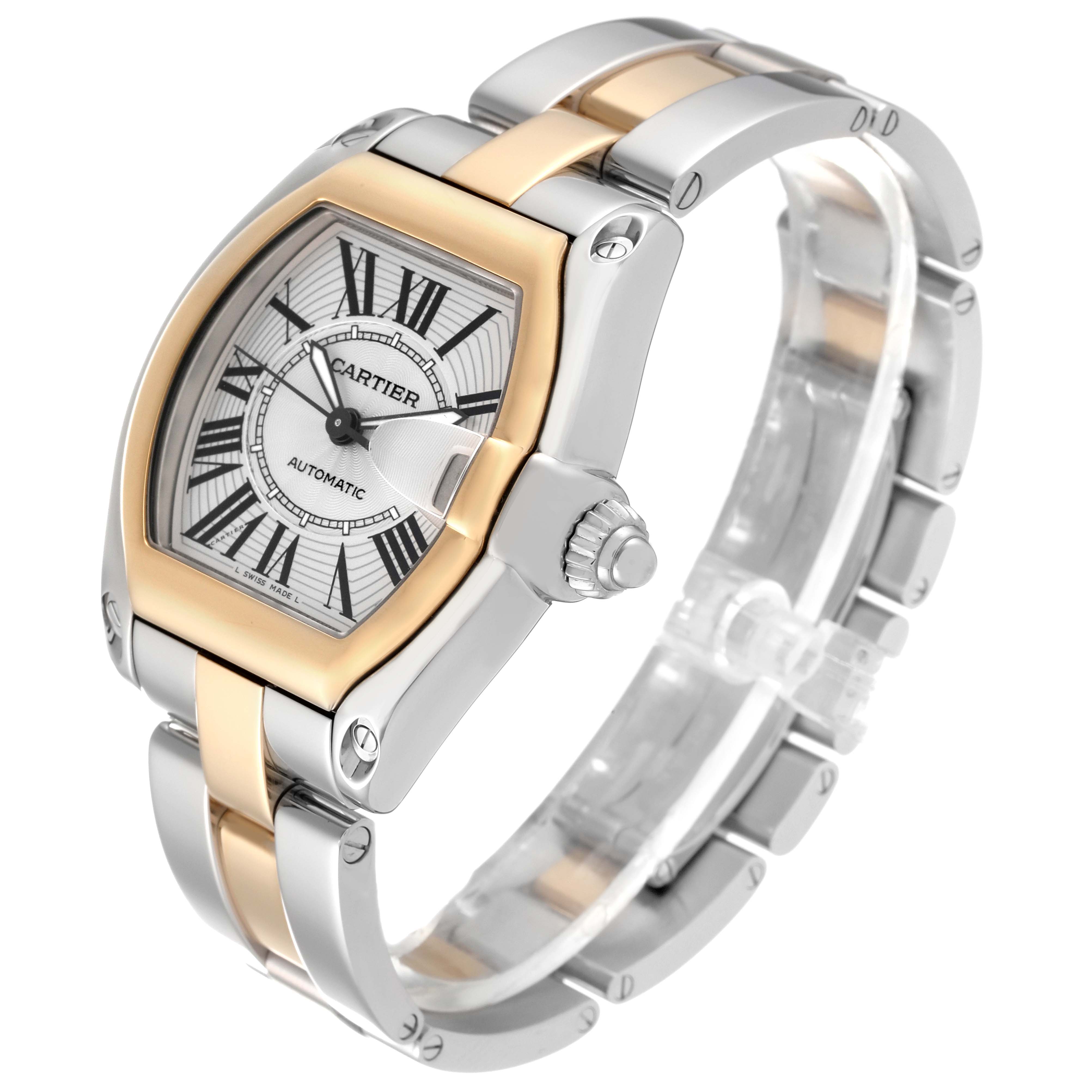 The Cartier Roadster W62031Y4 Men
s Steel and Gold (two tone) Silver Dial W62031Y4 Men
s Steel and Gold (two tone) Silver Dial watch is shown at a three-quarter angle, highlighting its two-tone band, dial, and crown.