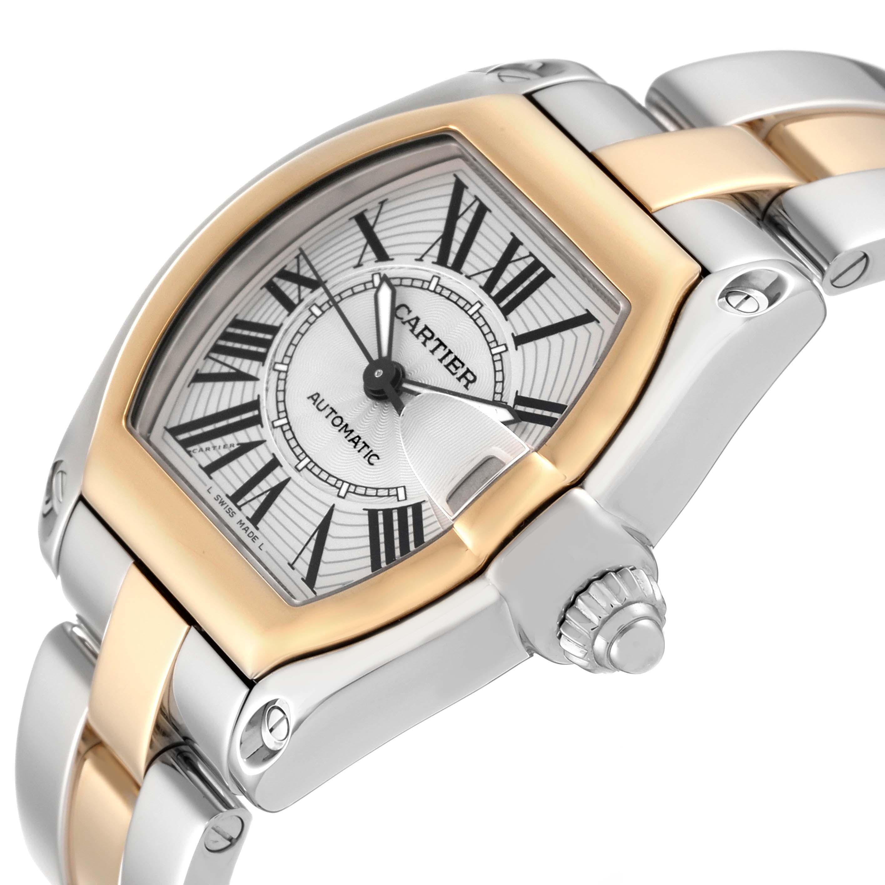 The image shows a close-up of the Cartier Roadster W62031Y4 Men
s Steel and Gold (two tone) Silver Dial W62031Y4 Men
s Steel and Gold (two tone) Silver Dial watch featuring its face, bezel, and part of the bracelet at an angled perspective.
