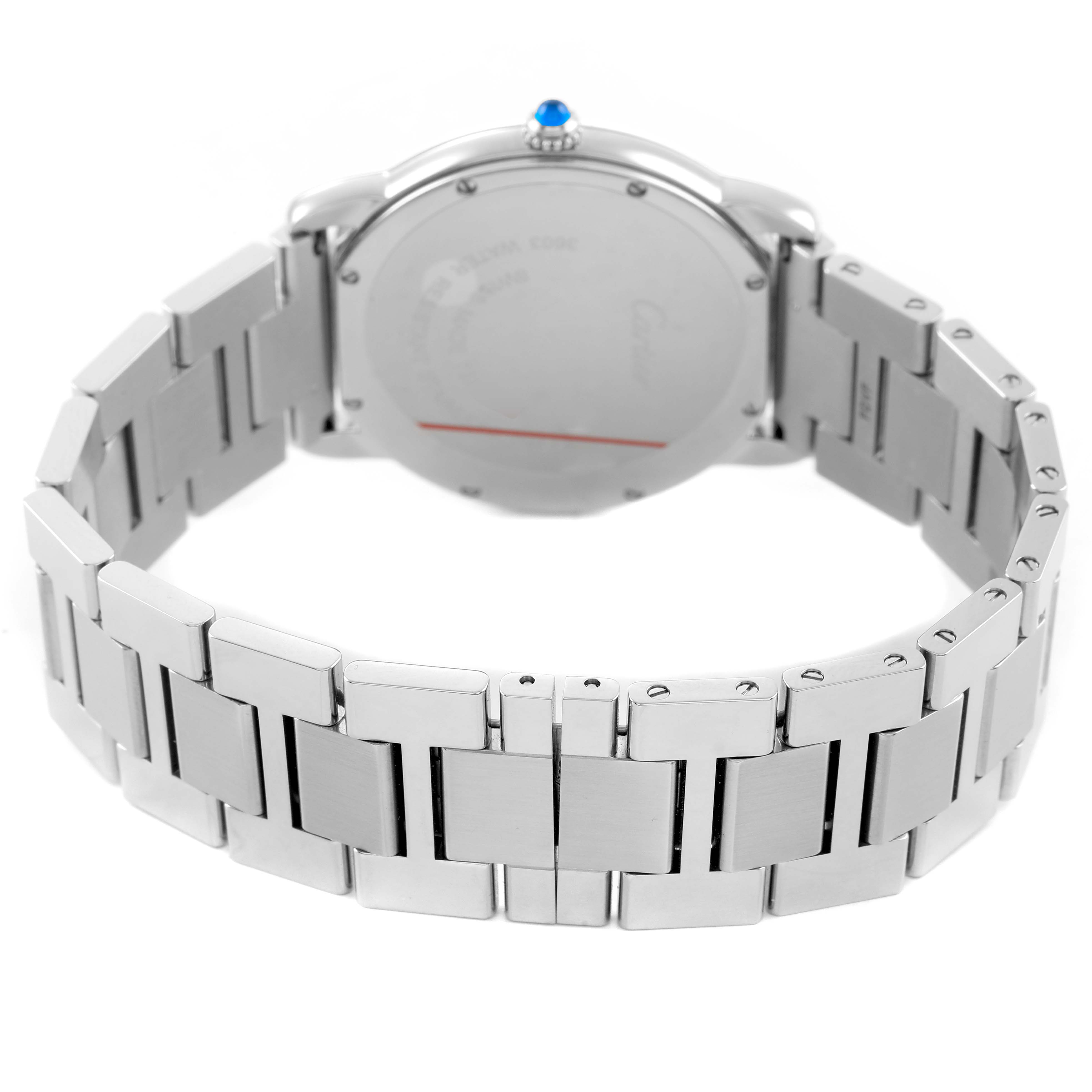 The image shows the back of the Cartier Ronde W6701005 Men's Stainless Steel Silver Dial watch, displaying the bracelet and case back.