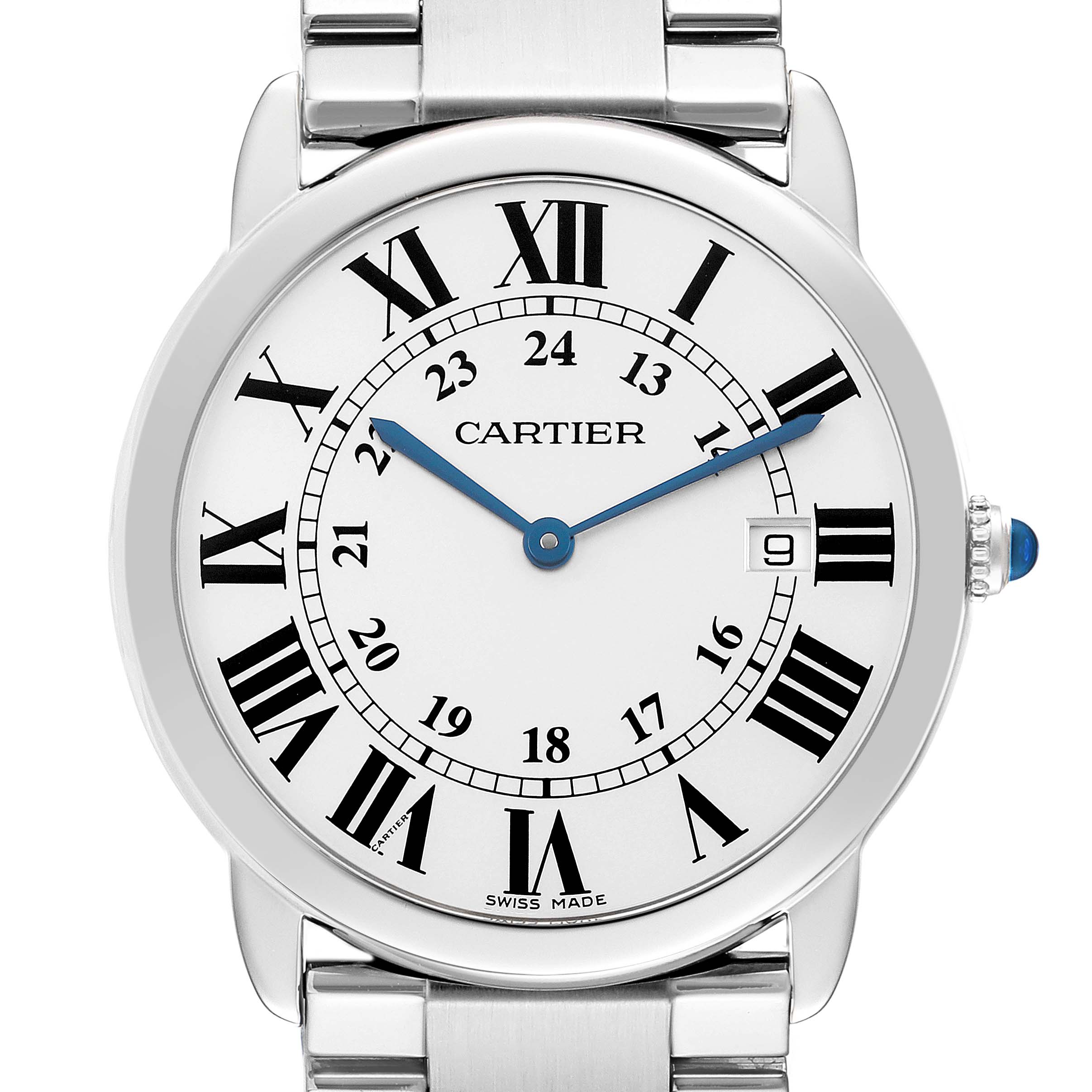 The Cartier Ronde W6701005 Men's Stainless Steel Silver Dial watch is shown from the front, displaying the dial, Roman numerals, date window, and blue hands.
