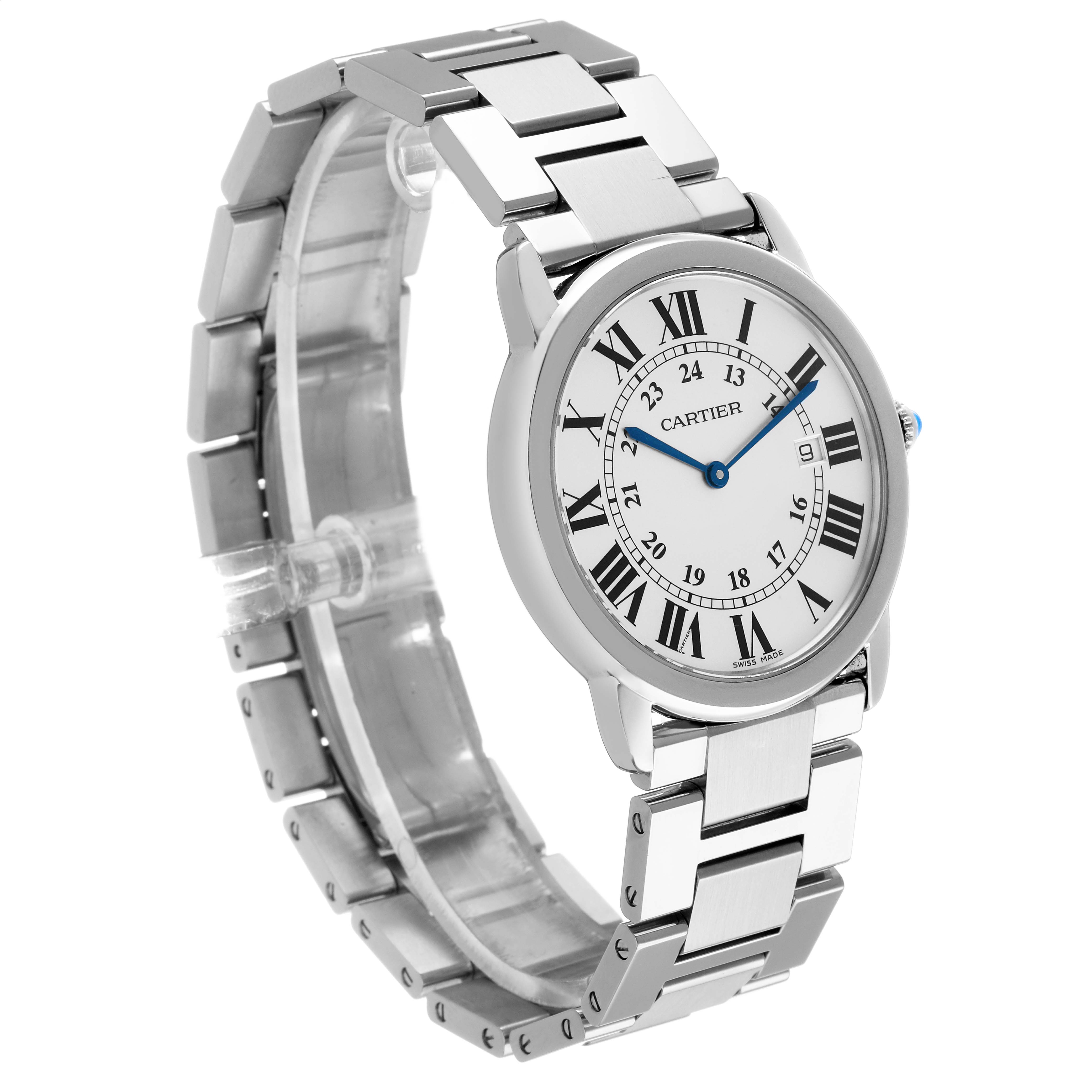 The Cartier Ronde W6701005 Men's Stainless Steel Silver Dial watch is shown at a three-quarter angle, displaying the face, metal bracelet, and Roman numerals.