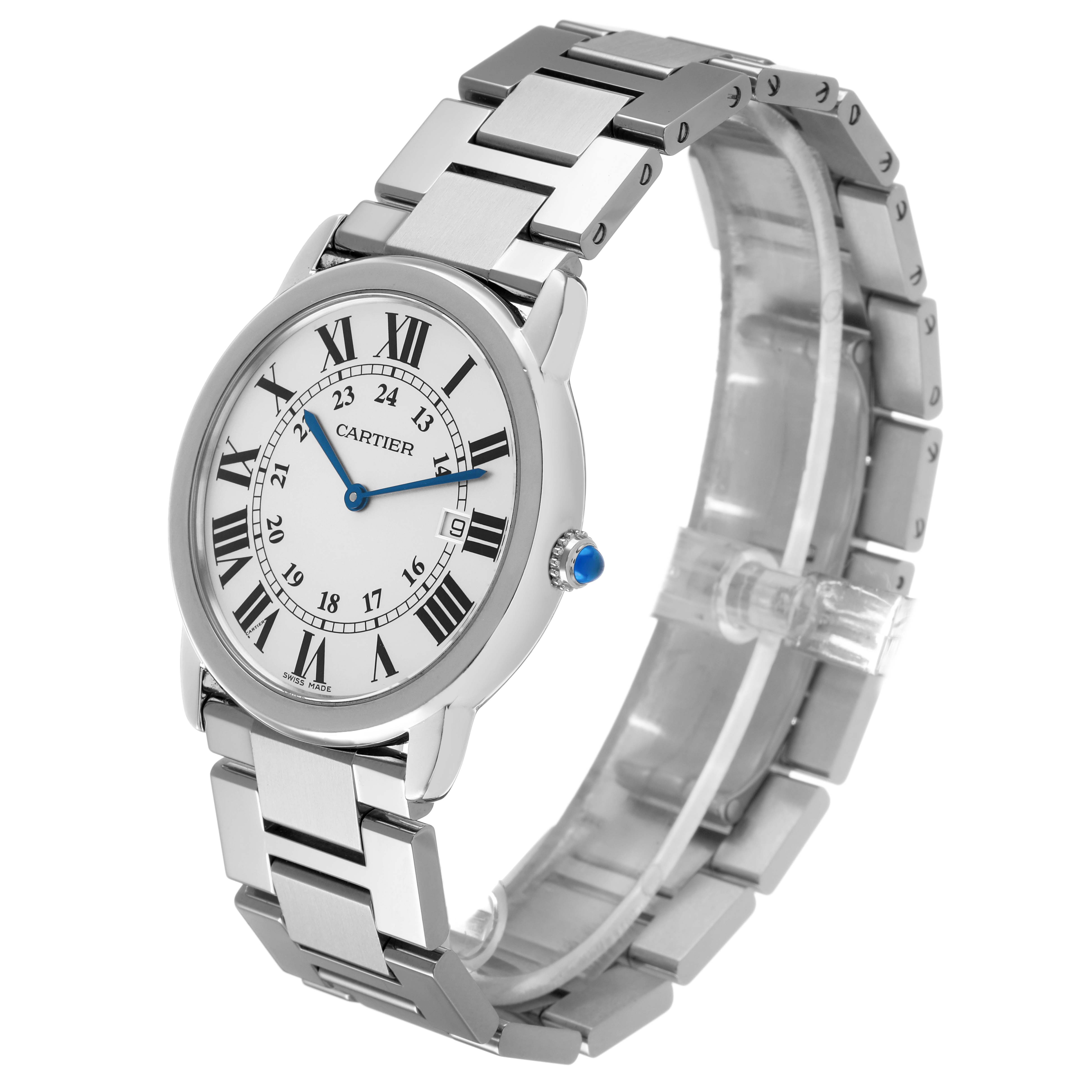 The Cartier Ronde W6701005 Men's Stainless Steel Silver Dial watch is shown from a three-quarter angle, highlighting its face, bezel, and bracelet.