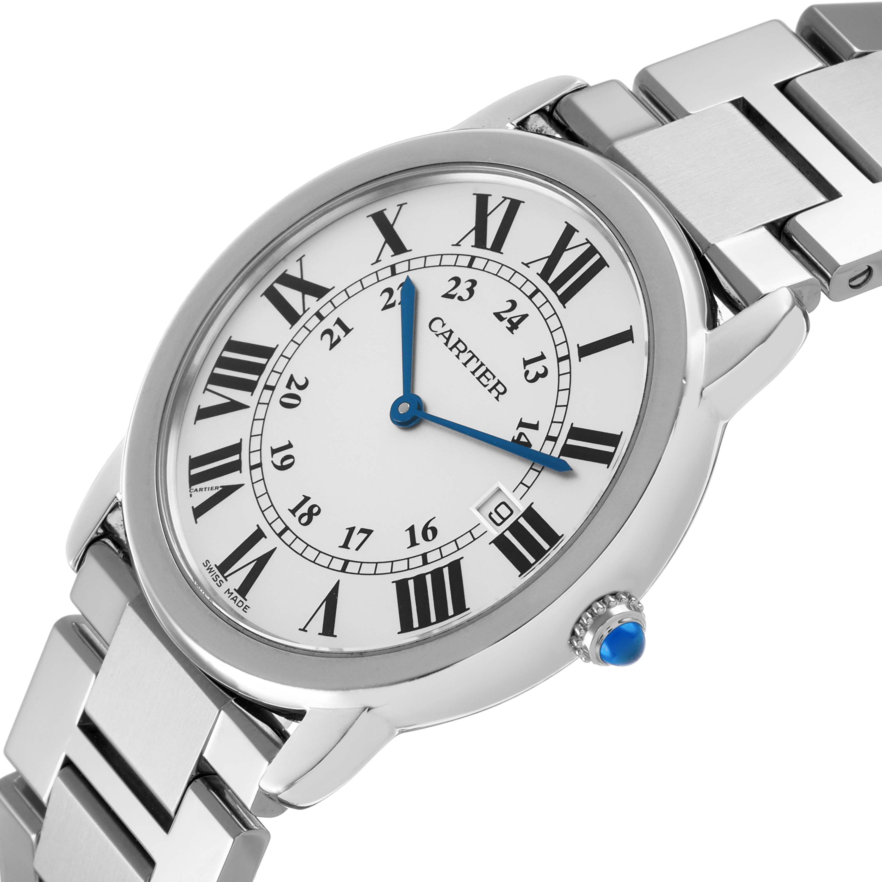 The Cartier Ronde W6701005 Men's Stainless Steel Silver Dial watch is shown at a side angle, highlighting the face, blue hands, Roman numerals, metal bracelet, and blue cabochon crown.