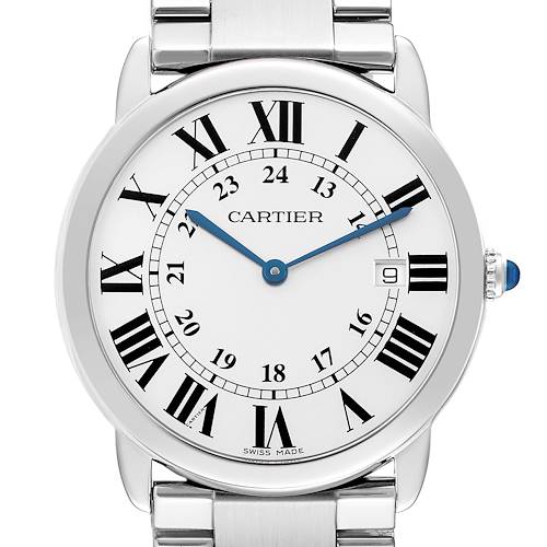 The Cartier Ronde W6701005 Men's Stainless Steel Silver Dial watch is shown from a front view, highlighting its face, hands, Roman numerals, date window, and crown.