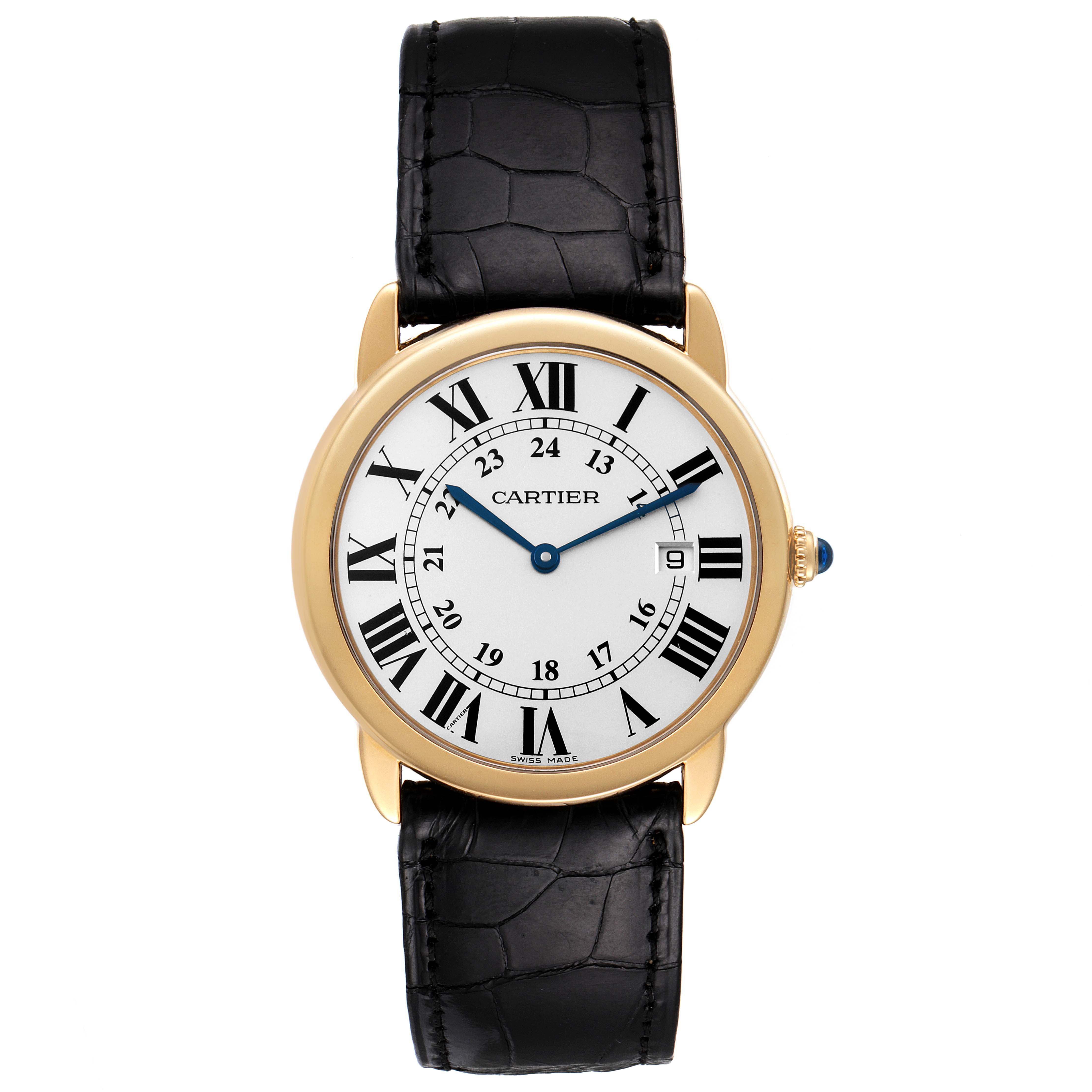 The image shows a Cartier Ronde W6700455 Men
s Stainless Steel Silver Dial W6700455 Men
s Stainless Steel Silver Dial model watch from the front, featuring a white dial, Roman numerals, and a black leather strap.