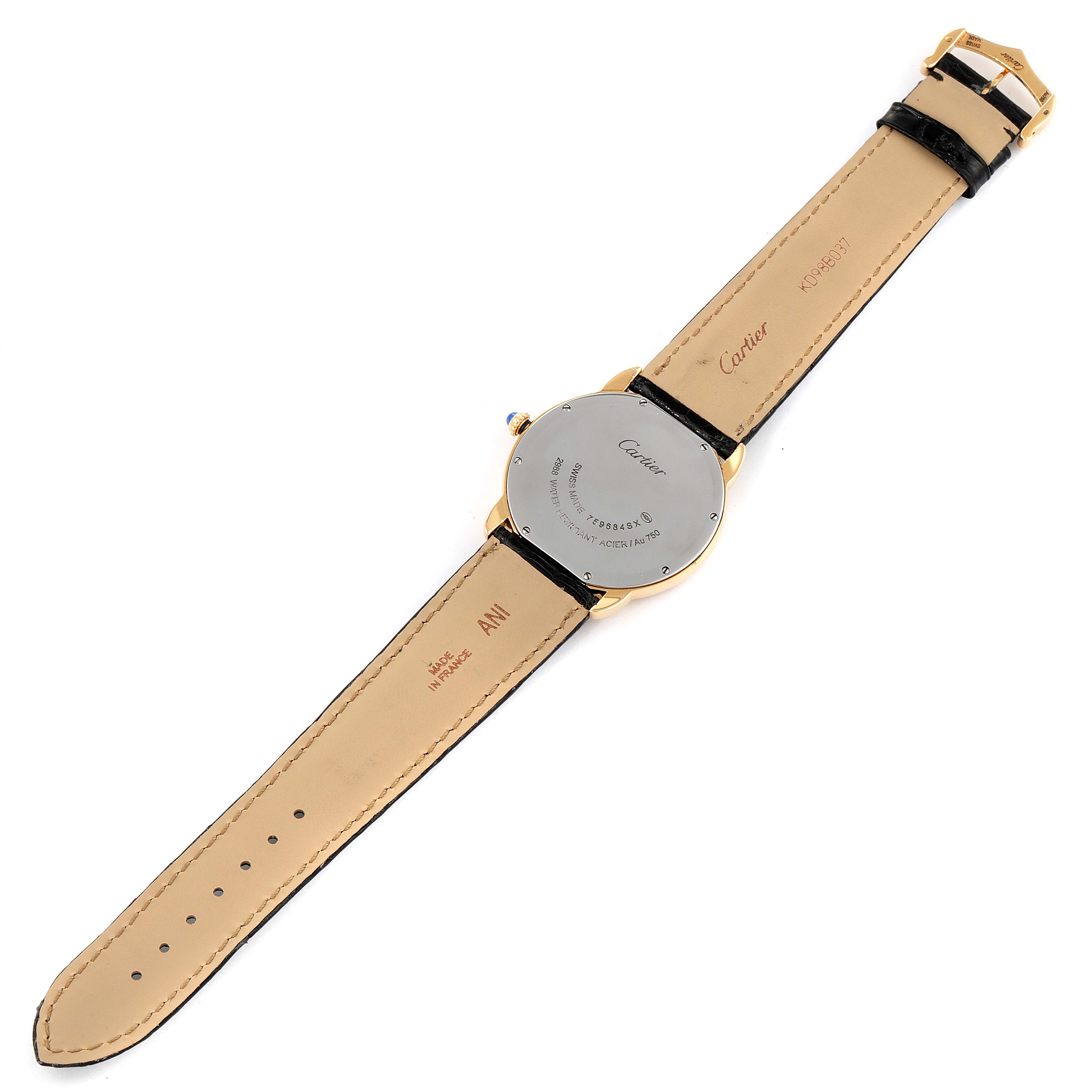 The image shows the back of a Cartier Ronde W6700455 Men
s Stainless Steel Silver Dial W6700455 Men
s Stainless Steel Silver Dial watch, displaying its leather strap and case back.