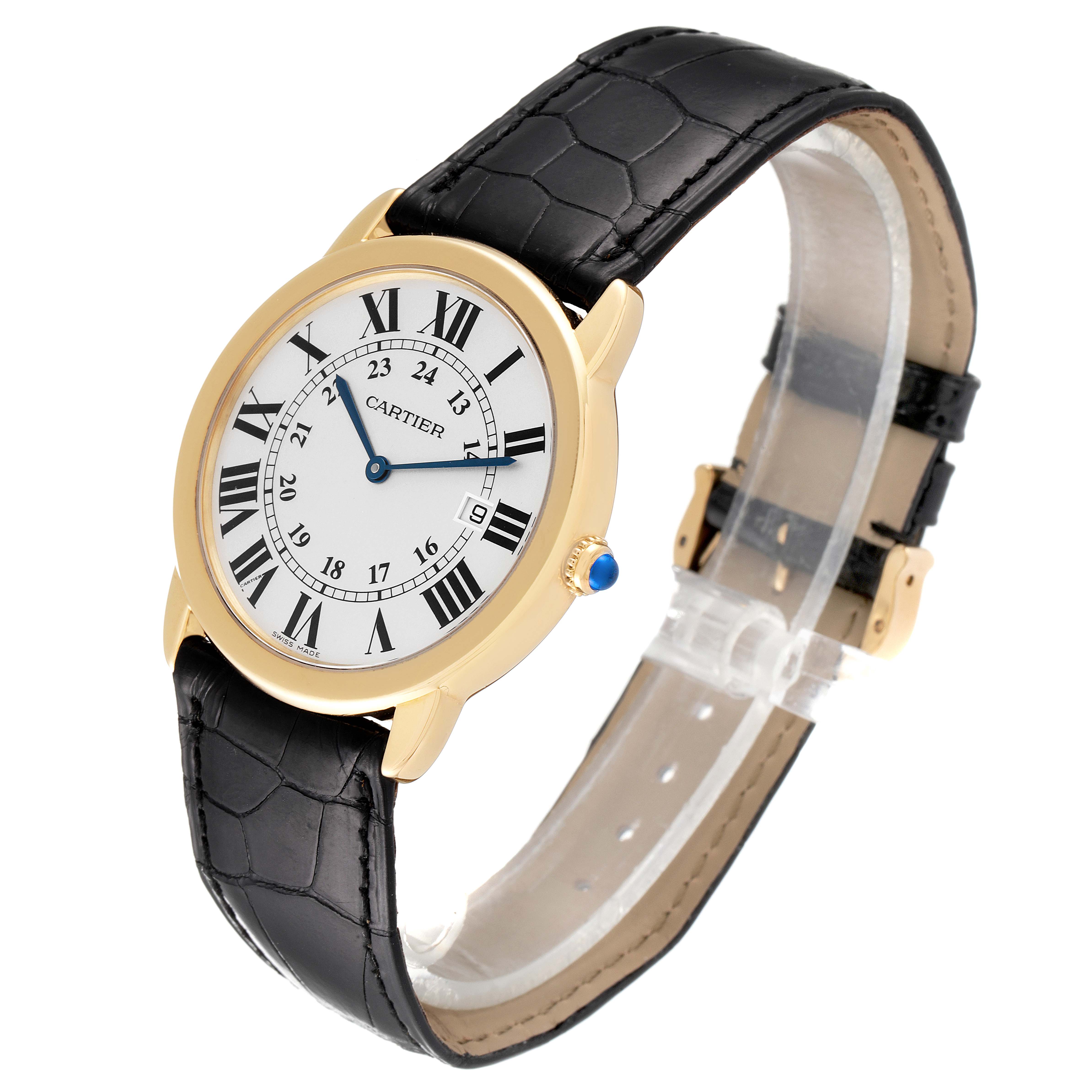 The Cartier Ronde W6700455 Men
s Stainless Steel Silver Dial W6700455 Men
s Stainless Steel Silver Dial watch is shown at an angle highlighting the face, strap, and clasp, with a focus on its classic design.