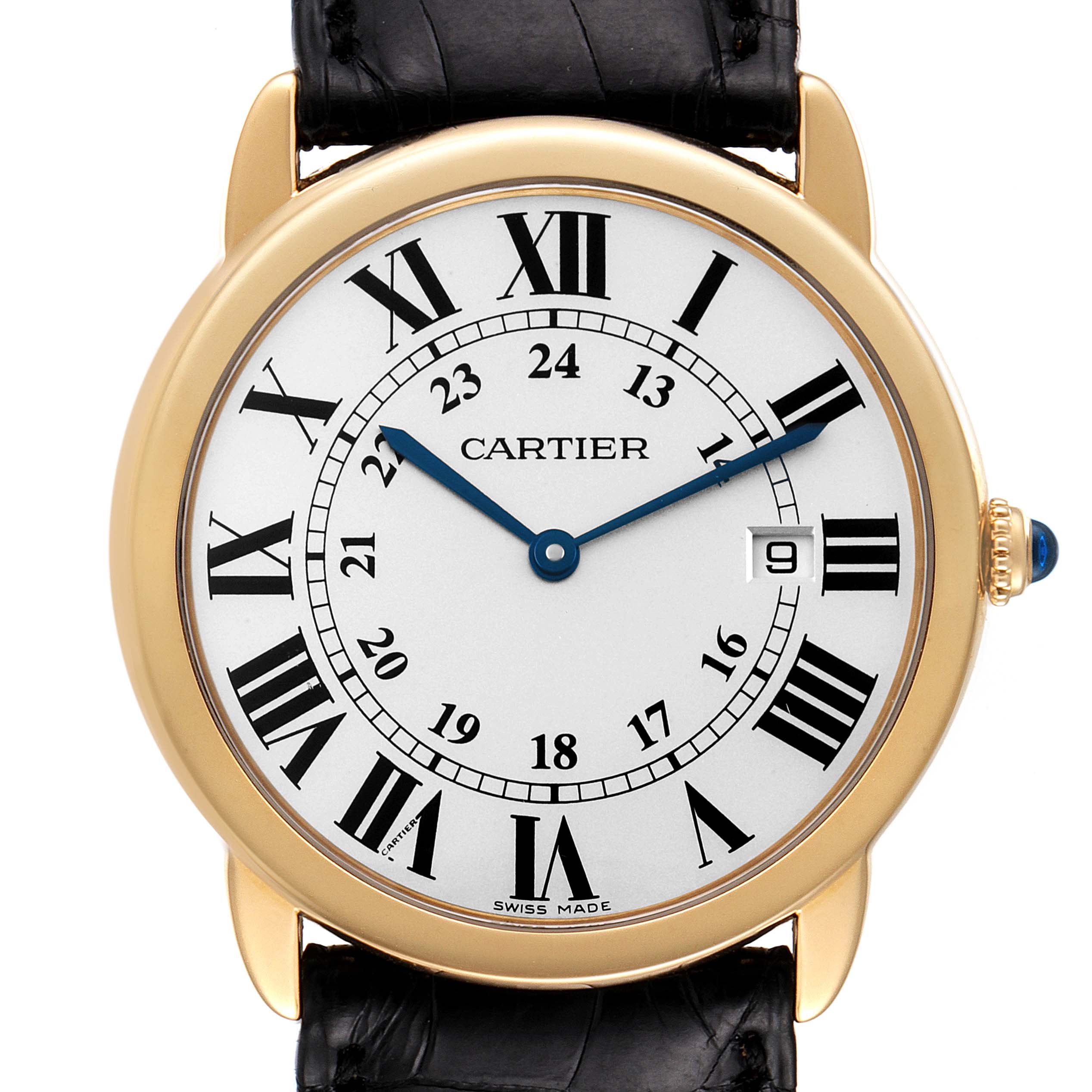 The image shows a front view of the Cartier Ronde W6700455 Men
s Stainless Steel Silver Dial W6700455 Men
s Stainless Steel Silver Dial watch, highlighting its dial, Roman numerals, blue hands, and date window.
