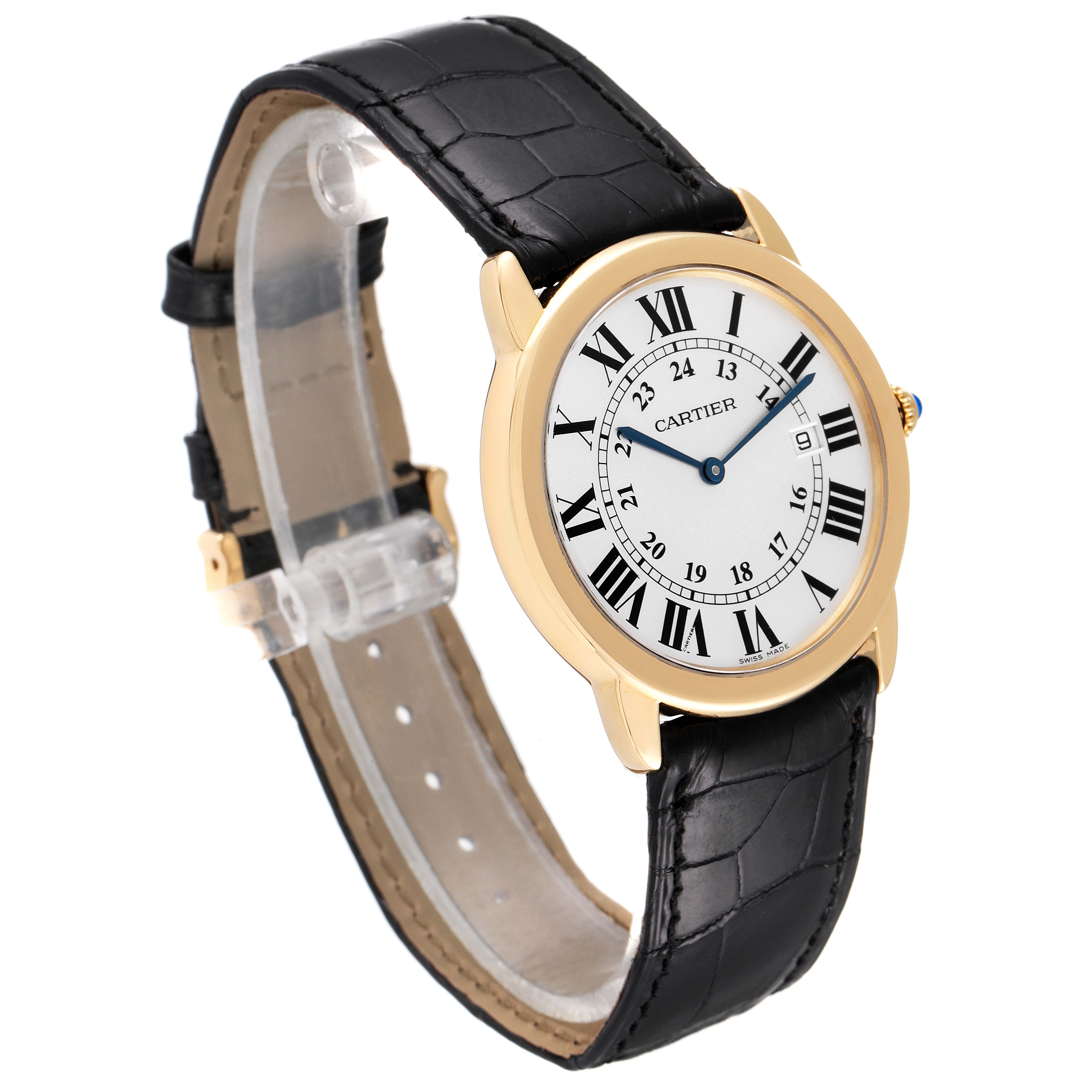 The image shows a side angle of the Cartier Ronde W6700455 Men
s Stainless Steel Silver Dial W6700455 Men
s Stainless Steel Silver Dial watch, highlighting its black leather strap and gold case with Roman numeral dial.