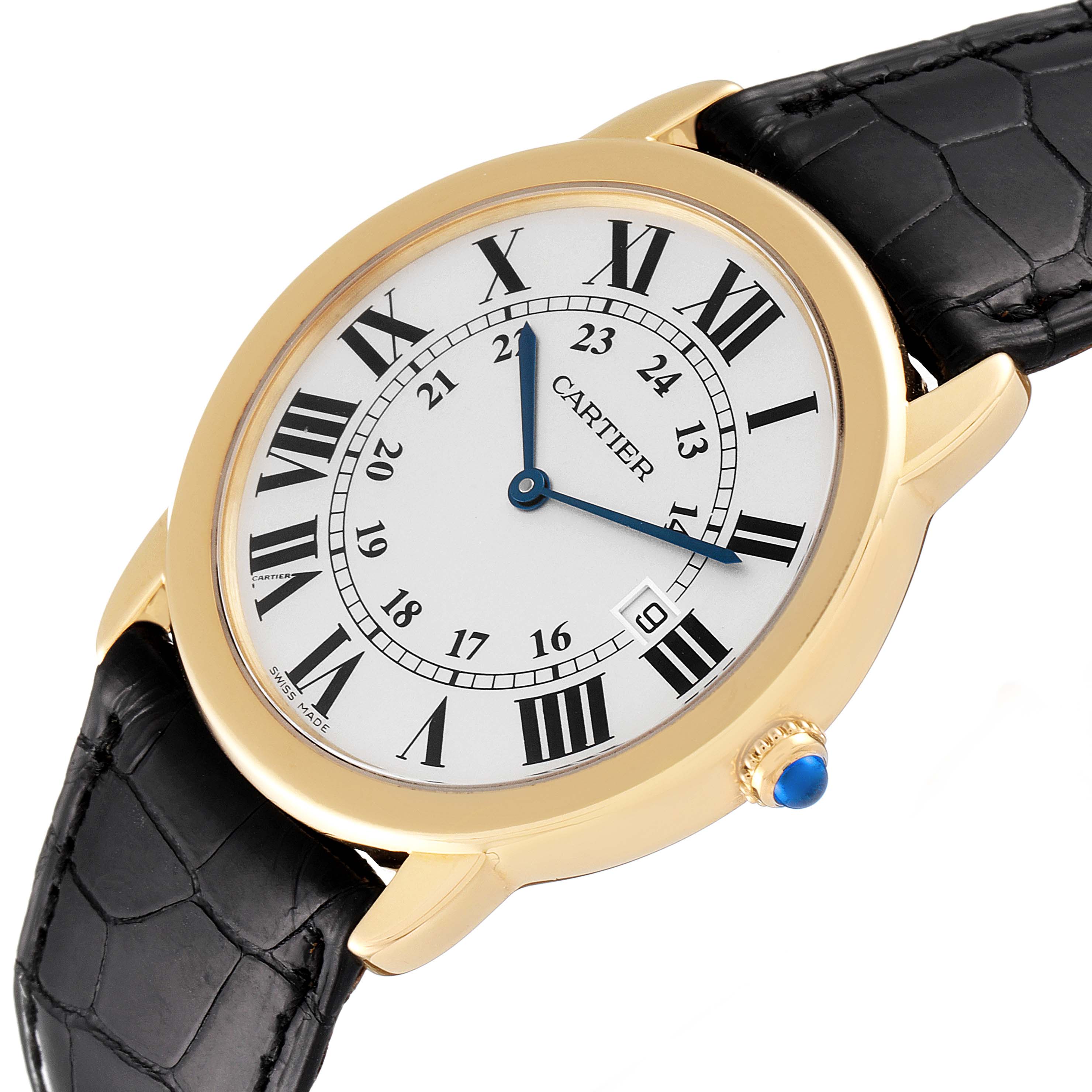 This image shows a Ronde watch by Cartier at a slight angle, displaying the face, case, crown, and part of the black leather strap.
