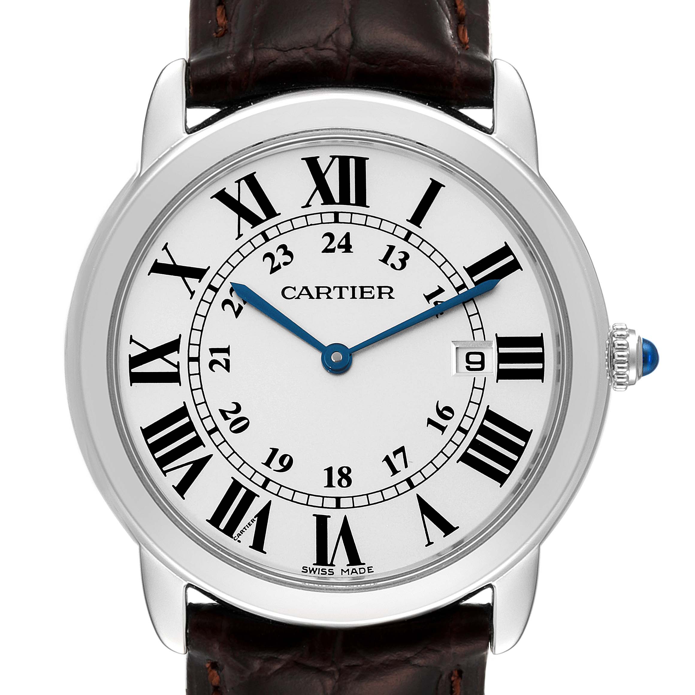 The image shows a front view of the Cartier Ronde W6700255 Men's Stainless Steel Silver Dial W6700255 Men's Stainless Steel Silver Dial model watch, featuring its dial, hands, and leather strap.