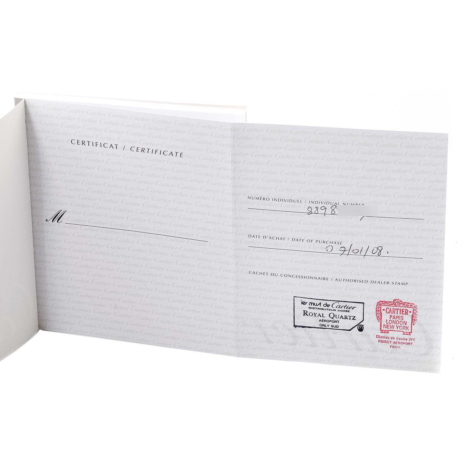 This image shows the certificate of authenticity and warranty for the Ronde model by Cartier.
