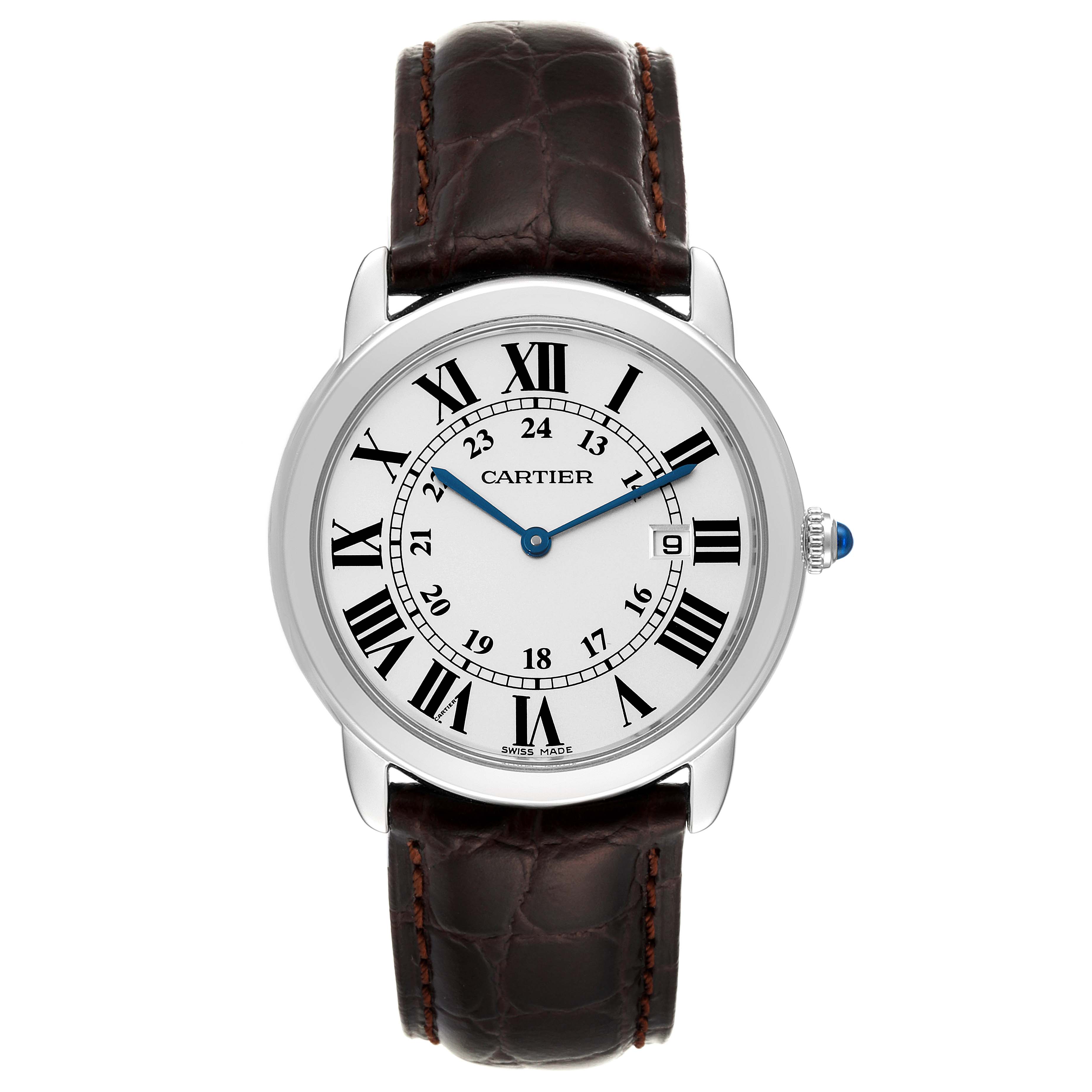 The image shows a front view of a Cartier Ronde W6700255 Men's Stainless Steel Silver Dial W6700255 Men's Stainless Steel Silver Dial watch, displaying its dial, Roman numerals, and brown leather strap.