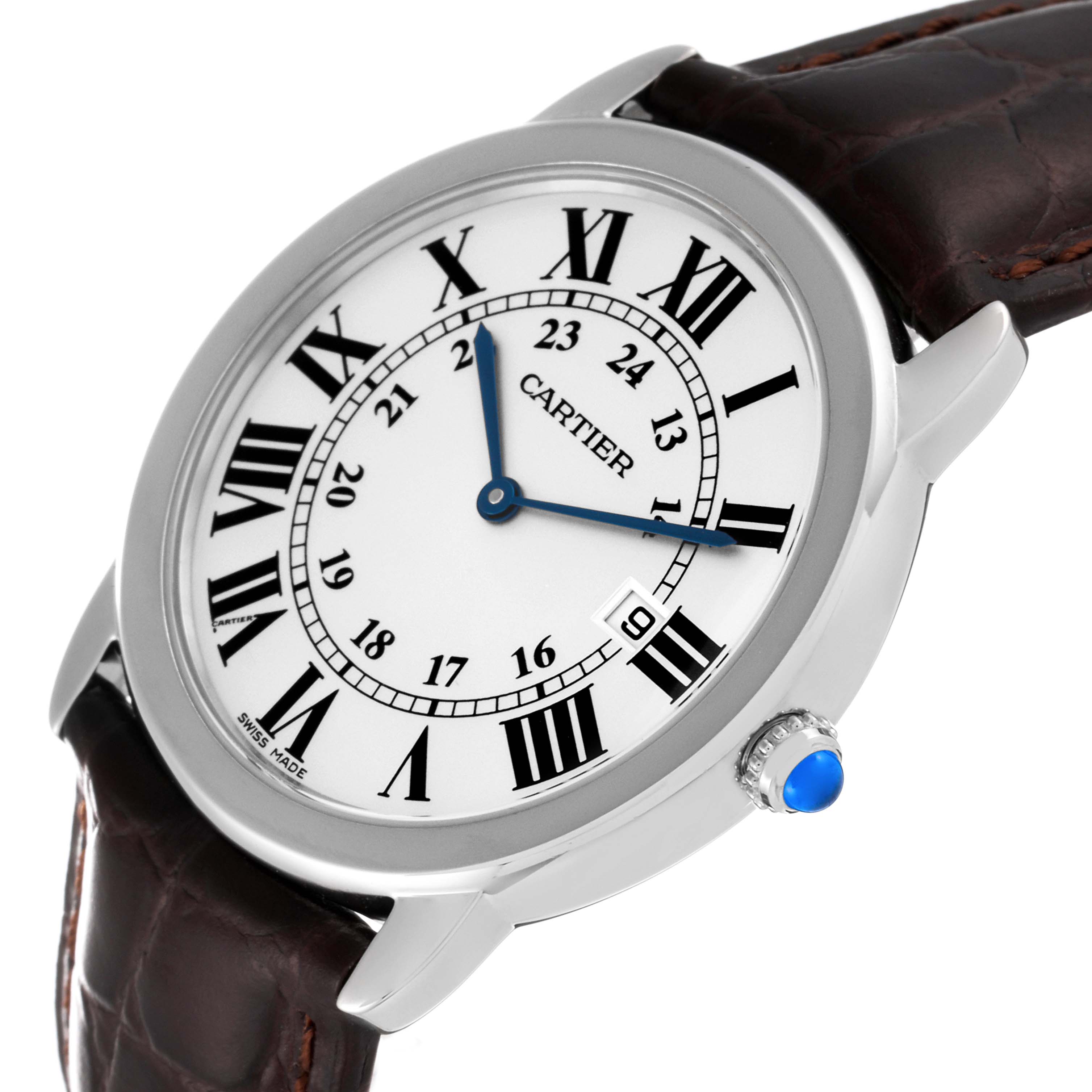 This image shows the Cartier Ronde W6700255 Men's Stainless Steel Silver Dial W6700255 Men's Stainless Steel Silver Dial watch, highlighting its face, bezel, crown, and leather strap from an angled view.