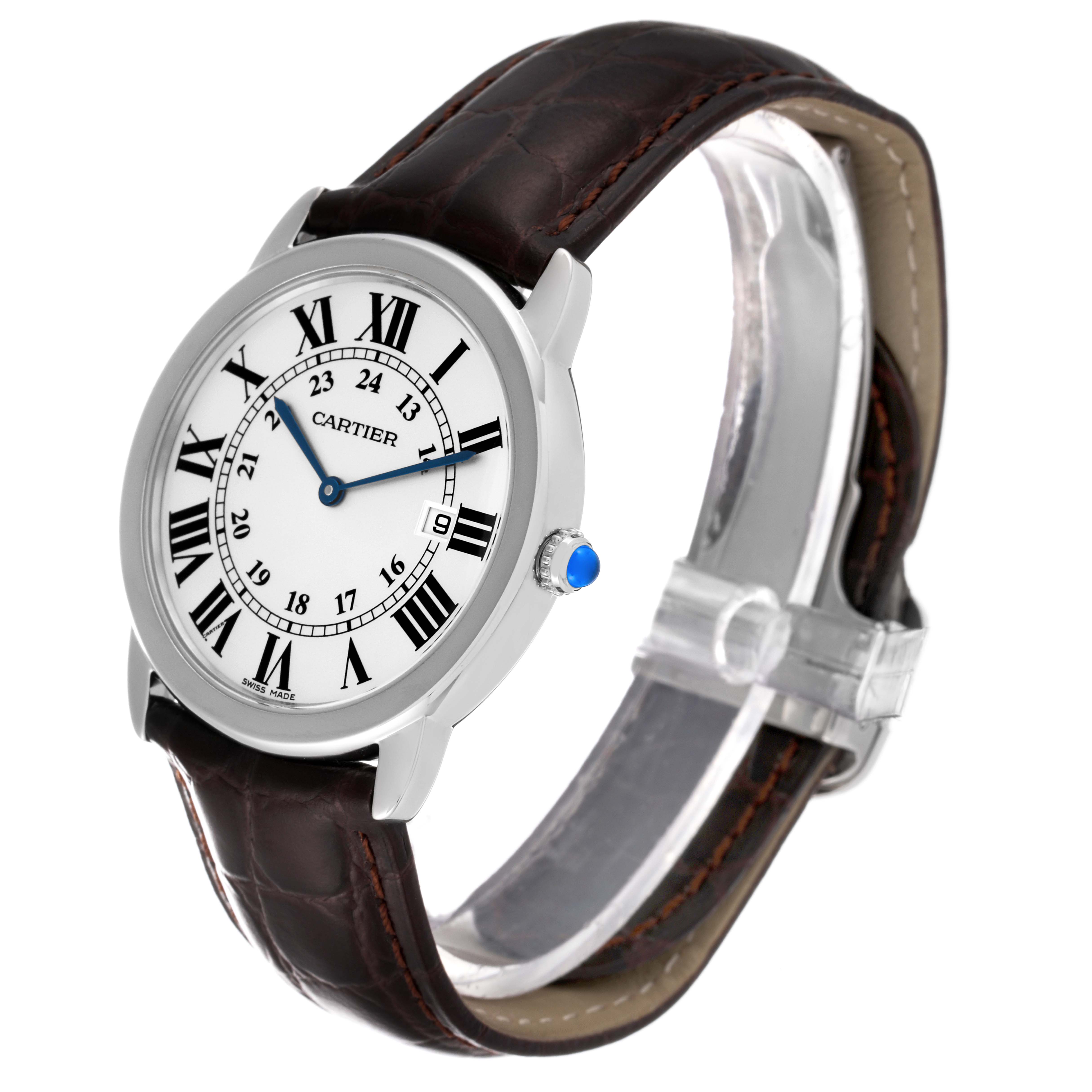 The image shows a Cartier Ronde W6700255 Men's Stainless Steel Silver Dial W6700255 Men's Stainless Steel Silver Dial watch at a slight angle, highlighting its round face, Roman numerals, brown leather strap, and blue crown gem.