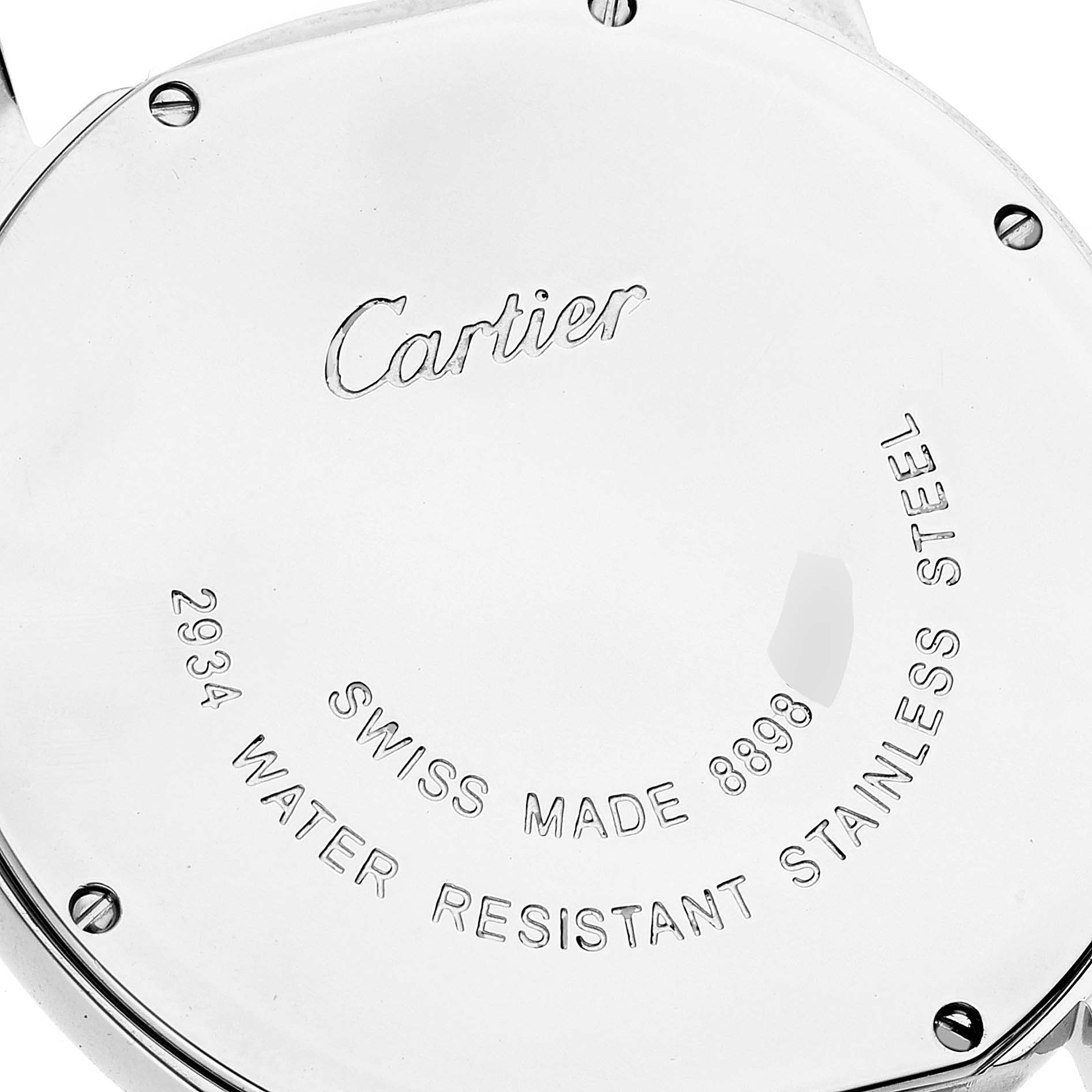 This image shows the case back of a Cartier Ronde W6700255 Men's Stainless Steel Silver Dial W6700255 Men's Stainless Steel Silver Dial model watch, displaying brand details and specifications.