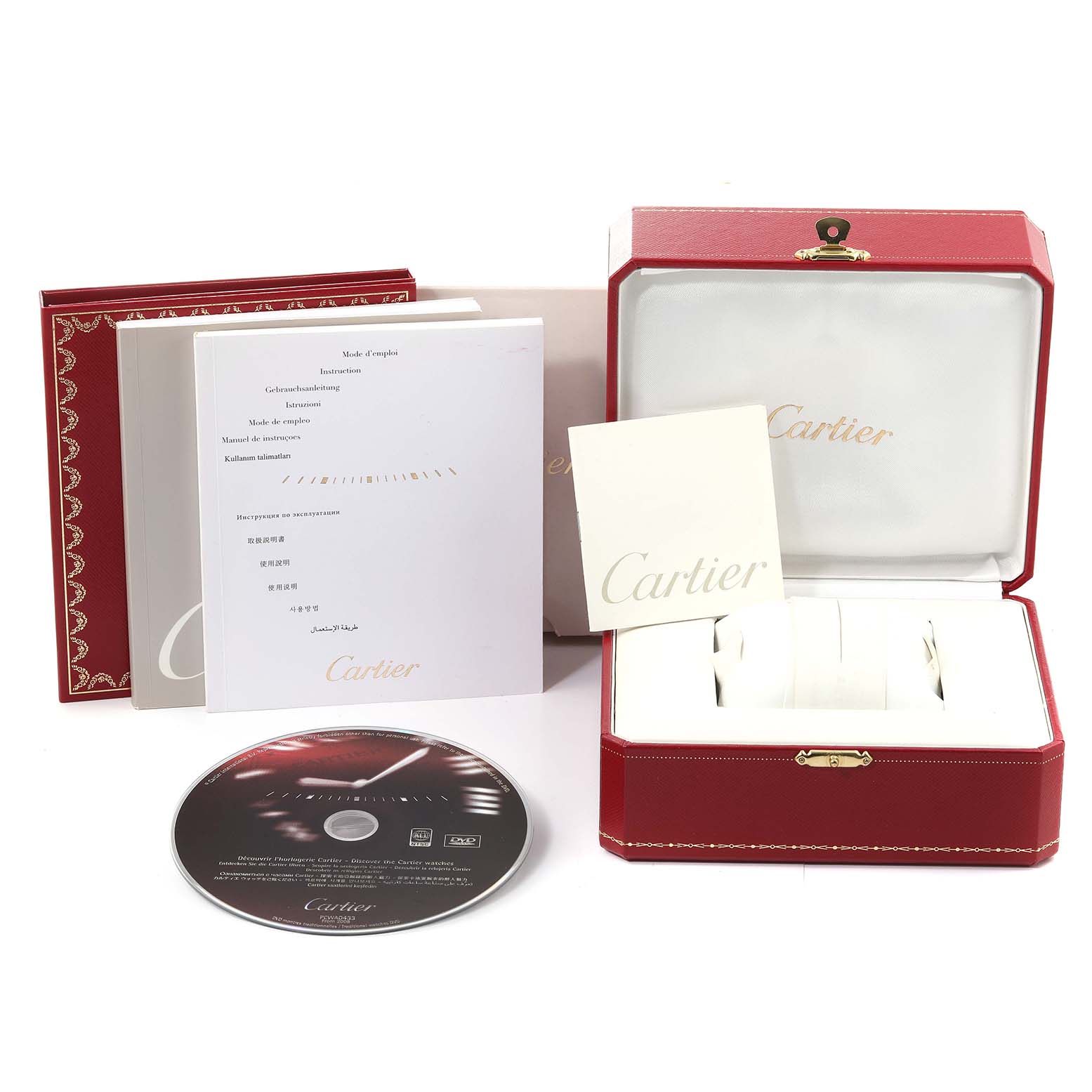 The image shows the box, manuals, and a CD for the Cartier Ronde W6700255 Men's Stainless Steel Silver Dial W6700255 Men's Stainless Steel Silver Dial model watch.