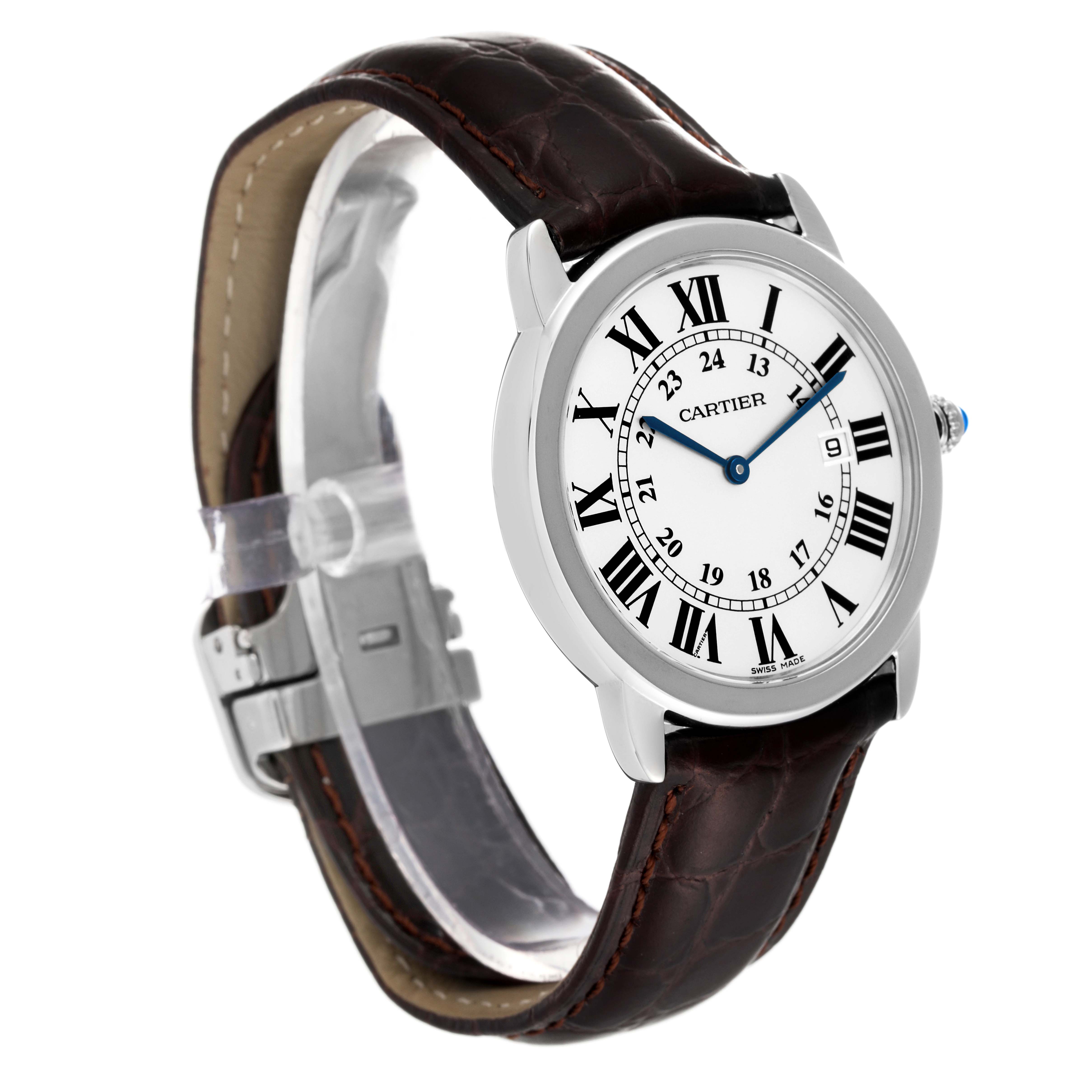 This image shows a Cartier Ronde W6700255 Men's Stainless Steel Silver Dial W6700255 Men's Stainless Steel Silver Dial watch at a three-quarter angle, highlighting the dial, strap, and clasp.