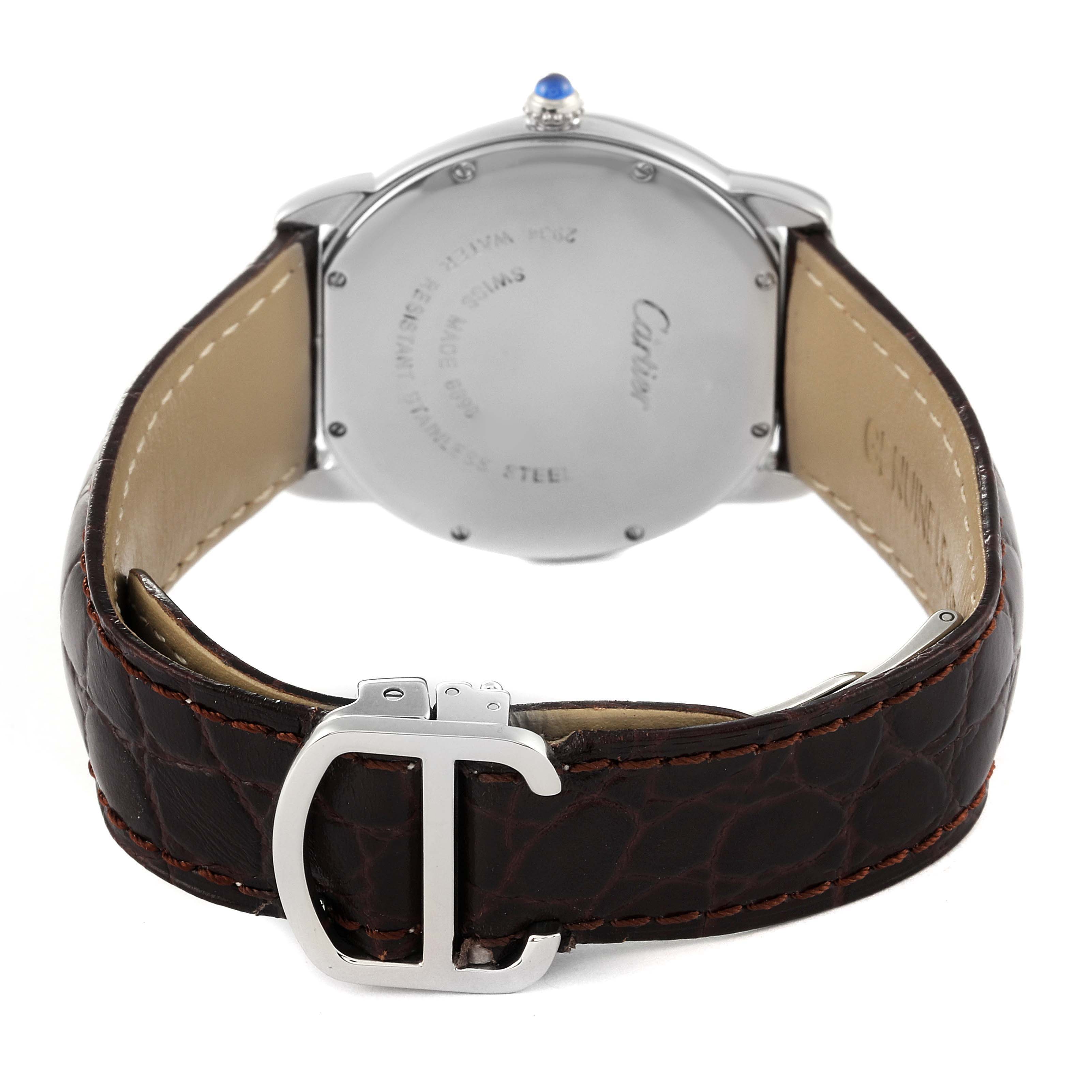 This image shows the back of the Cartier Ronde W6700255 Men's Stainless Steel Silver Dial W6700255 Men's Stainless Steel Silver Dial watch, including the caseback, leather strap, and "C" shaped buckle.
