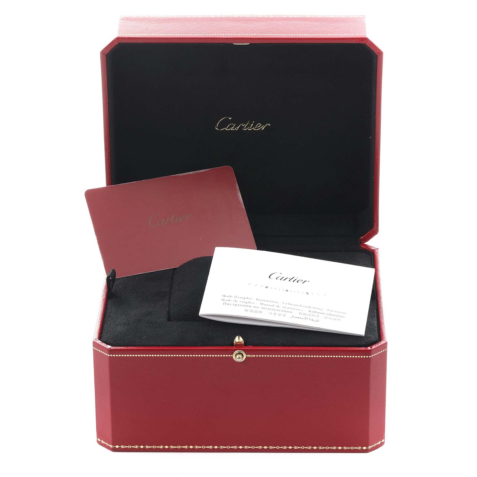 The image shows an open Cartier Ronde W6701011 Men's Stainless Steel Silver Dial W6701011 Men's Stainless Steel Silver Dial watch box, angled to reveal the interior, along with associated booklets.