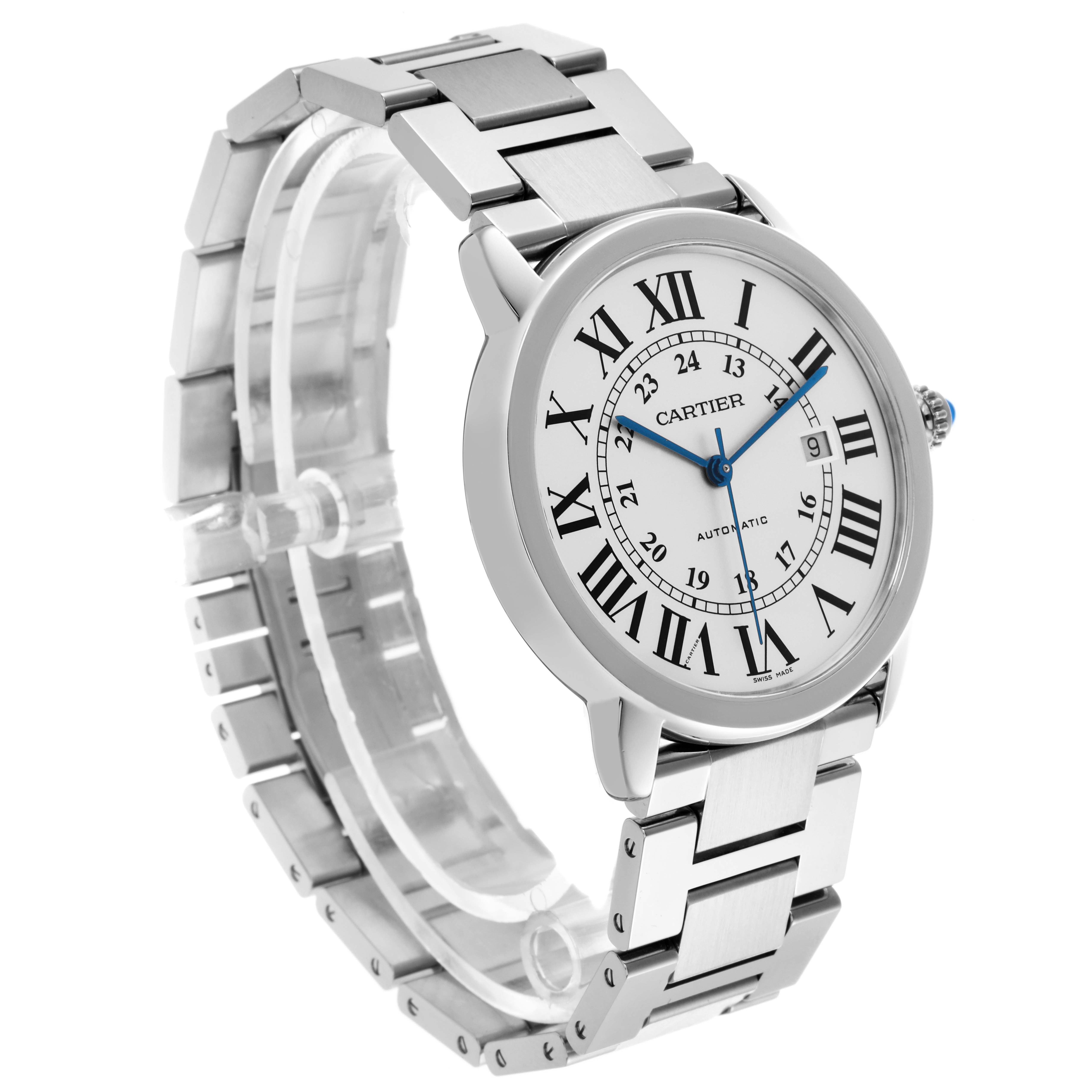 The Cartier Ronde W6701011 Men's Stainless Steel Silver Dial W6701011 Men's Stainless Steel Silver Dial watch is shown from a three-quarter angle, highlighting the face, bezel, and metal strap.