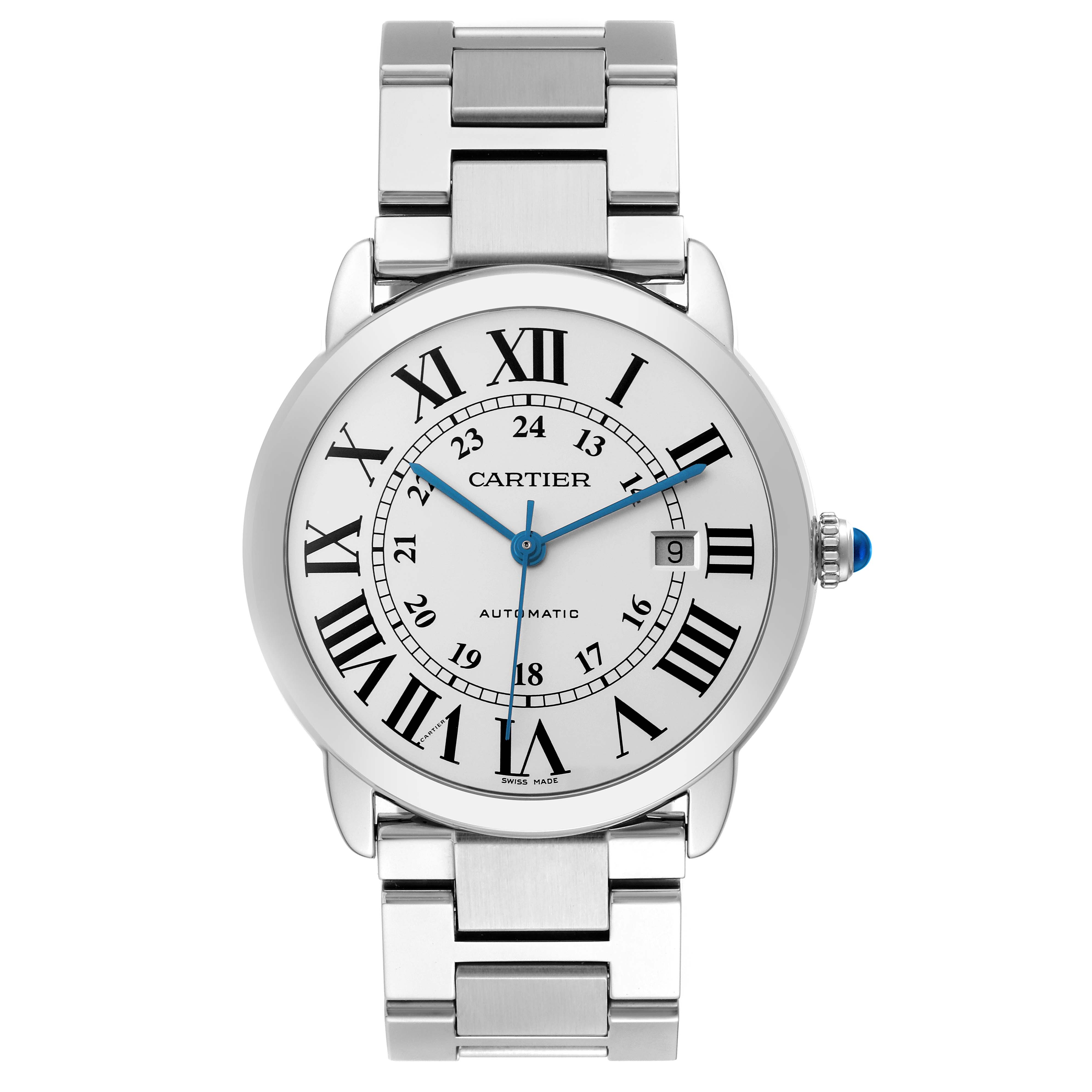 The Cartier Ronde W6701011 Men's Stainless Steel Silver Dial W6701011 Men's Stainless Steel Silver Dial watch is shown from a top-down angle, highlighting its face, Roman numerals, blue hands, and metal bracelet.