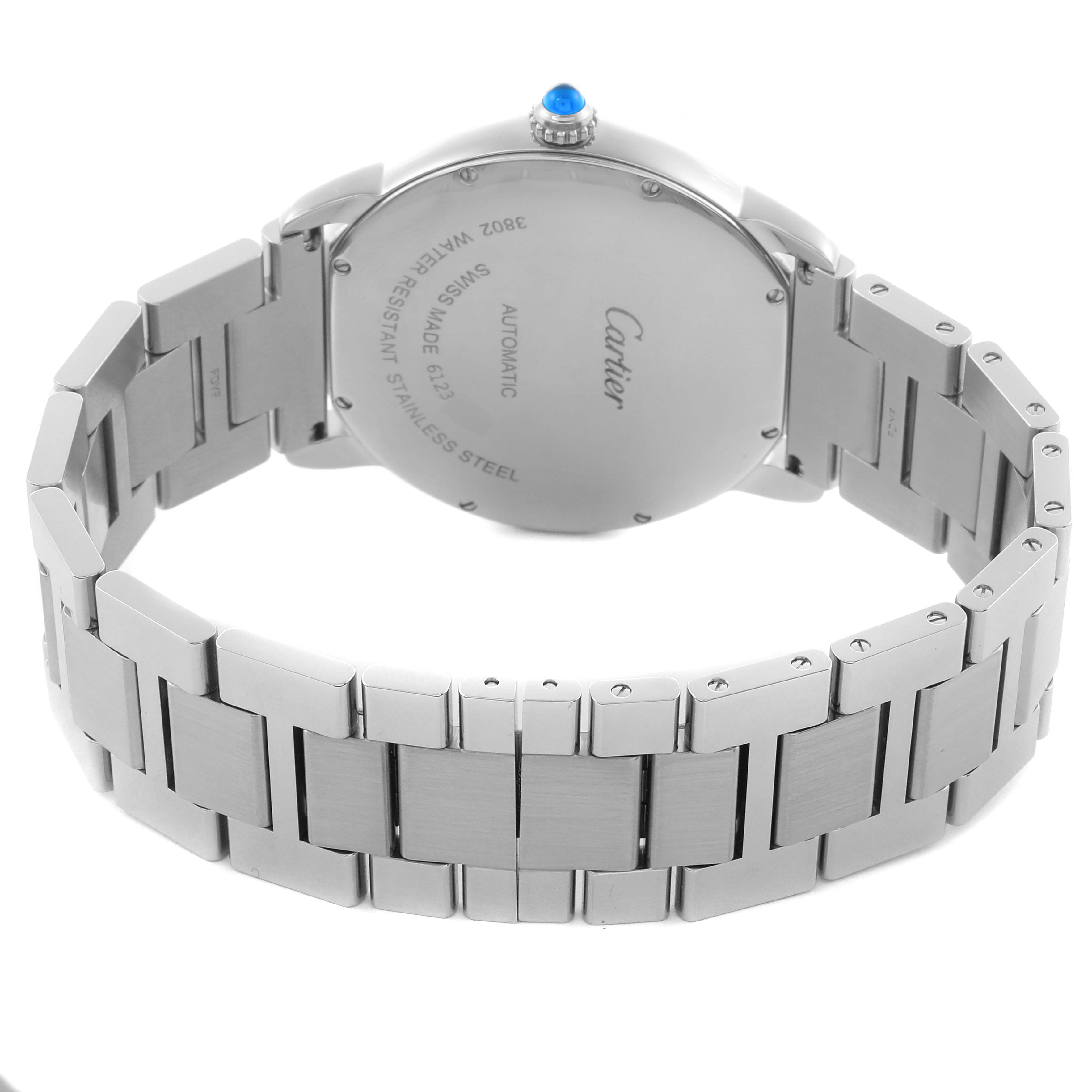 The Cartier Ronde W6701011 Men's Stainless Steel Silver Dial W6701011 Men's Stainless Steel Silver Dial watch is shown from the back, highlighting the stainless steel case, bracelet, and blue cabochon crown.
