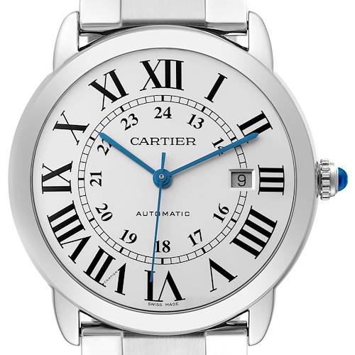 The Cartier Ronde watch is shown from the front, highlighting its dial, Roman numerals, blue hands, date window, and crown.