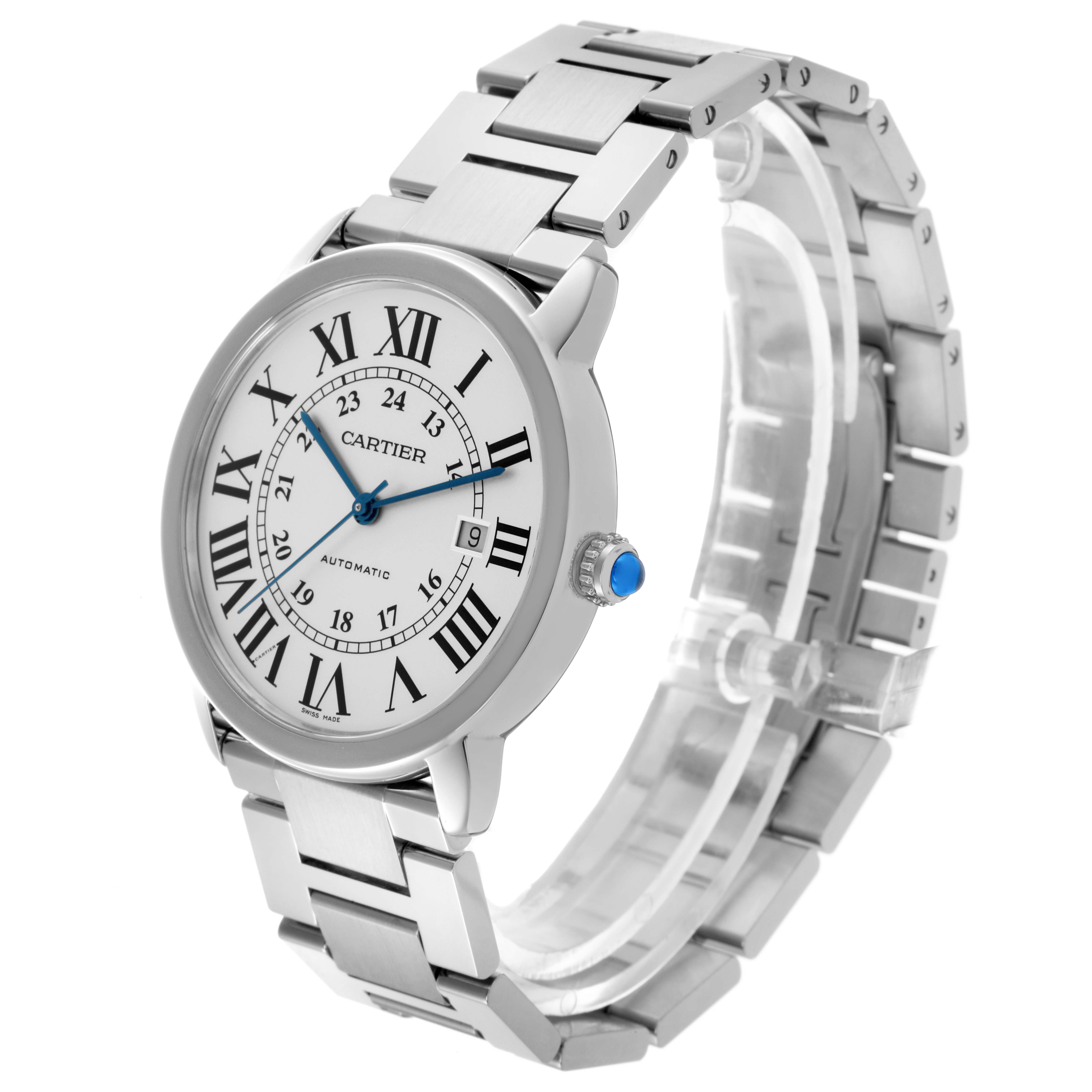 The Cartier Ronde W6701011 Men's Stainless Steel Silver Dial W6701011 Men's Stainless Steel Silver Dial model is shown at a slight angle, displaying the face, bezel, bracelet, and crown with a blue gem detail.