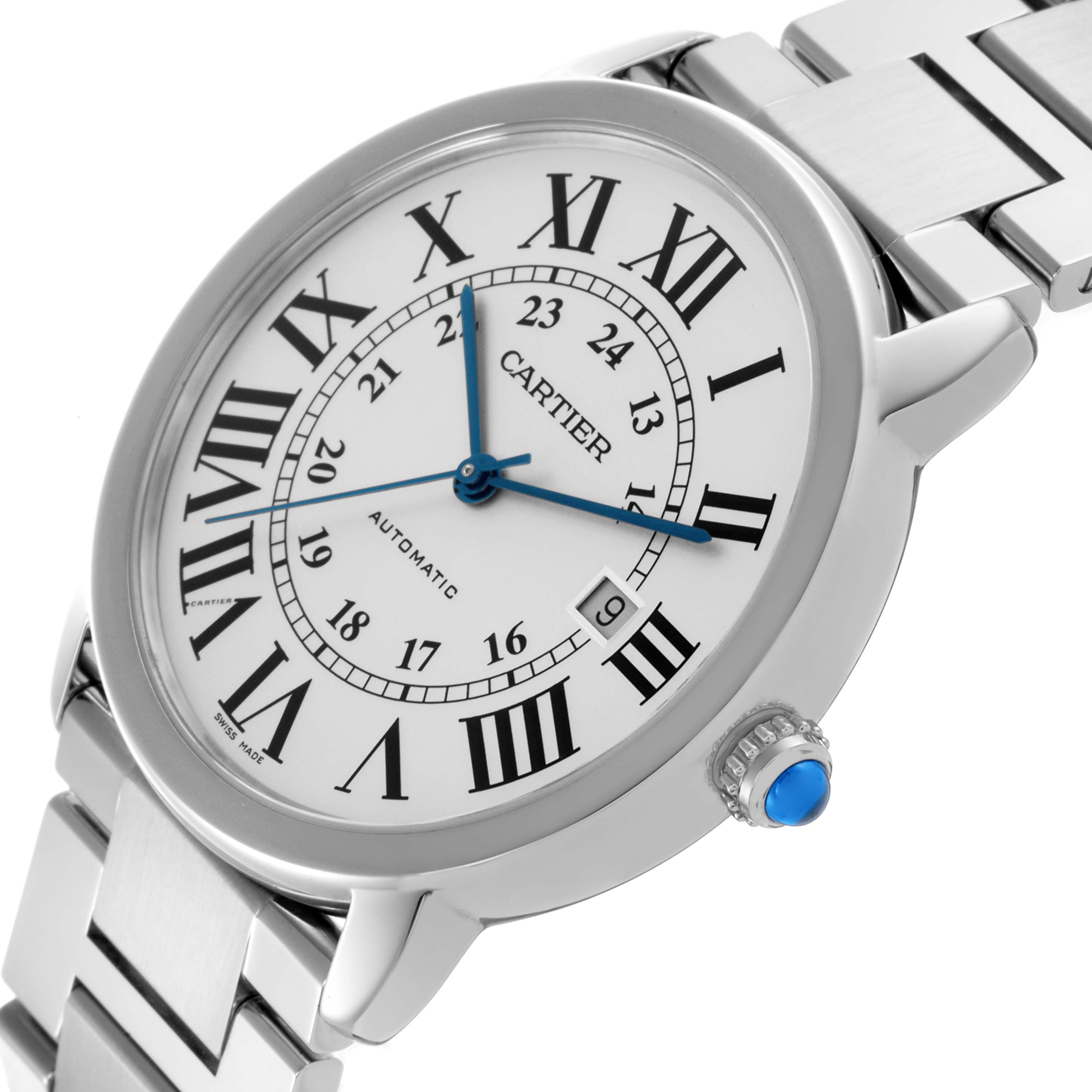 The Cartier Ronde W6701011 Men's Stainless Steel Silver Dial W6701011 Men's Stainless Steel Silver Dial watch is shown from a slightly angled top view, highlighting the dial, crown, and part of the bracelet.
