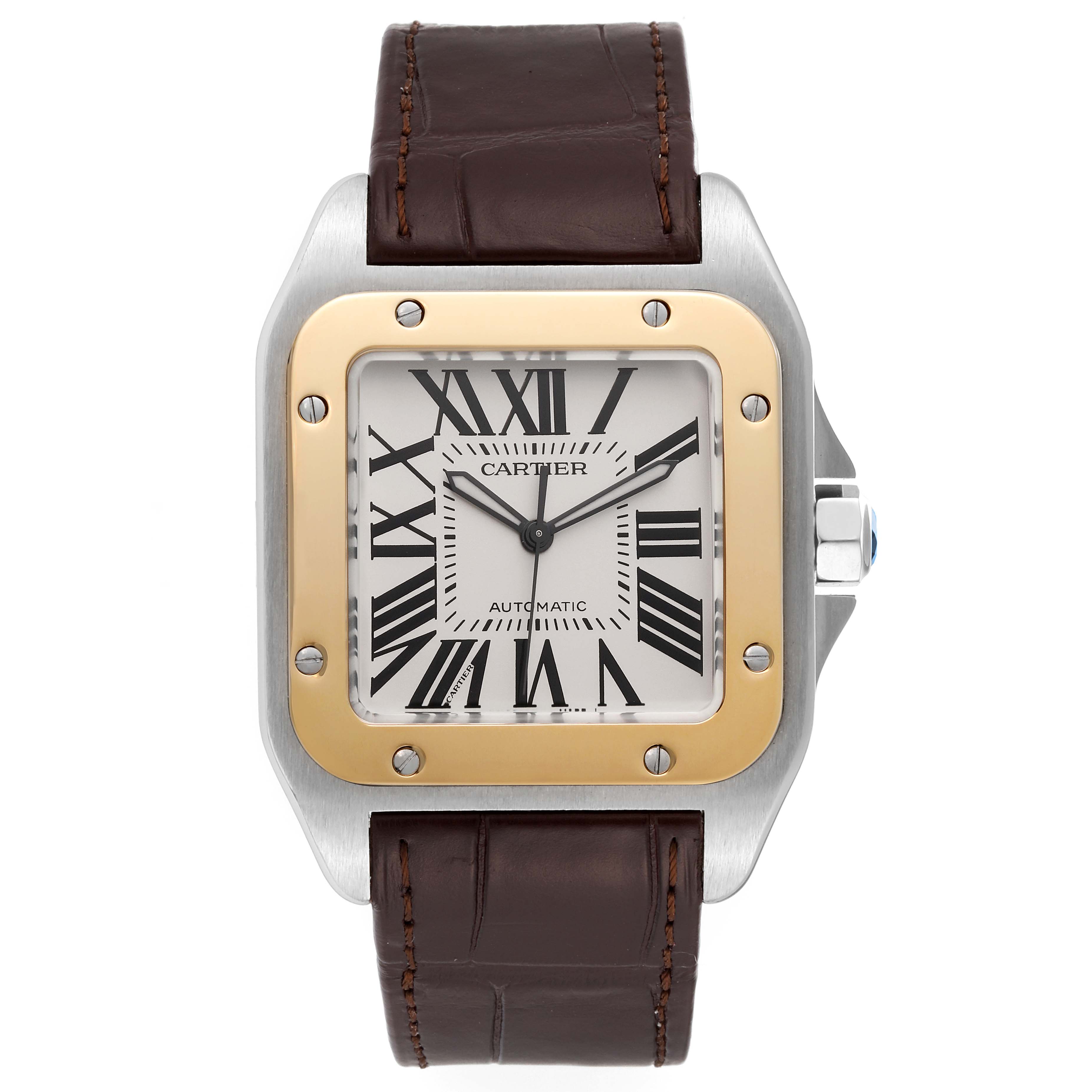 The Cartier Santos W20072X7 Men
s Stainless Steel Silver Dial W20072X7 Men
s Stainless Steel Silver Dial watch is shown from the front, displaying the face, bezel, and leather strap.