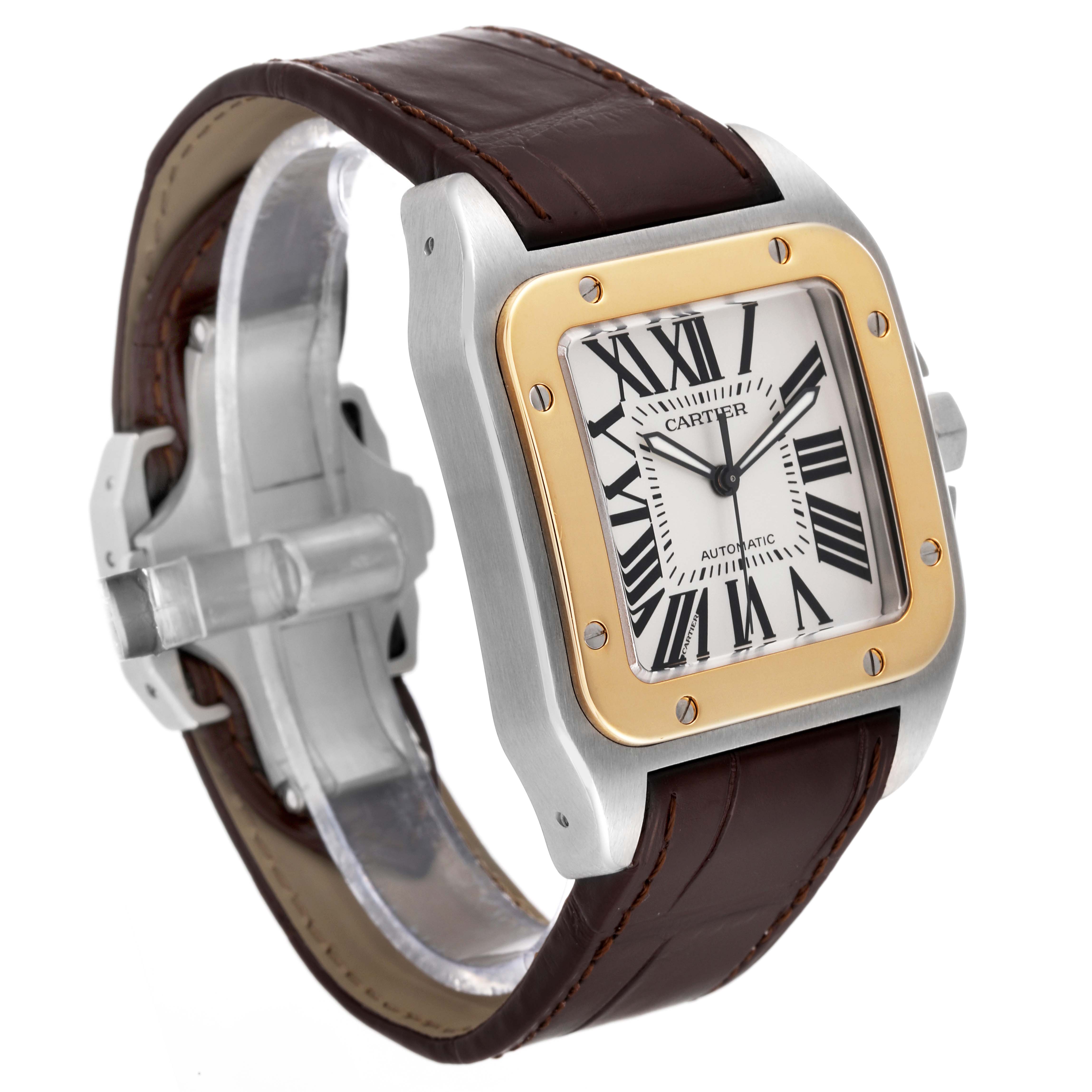 The image shows a Cartier Santos W20072X7 Men
s Stainless Steel Silver Dial W20072X7 Men
s Stainless Steel Silver Dial model watch at a three-quarter angle, highlighting its square face, leather strap, and gold bezel.