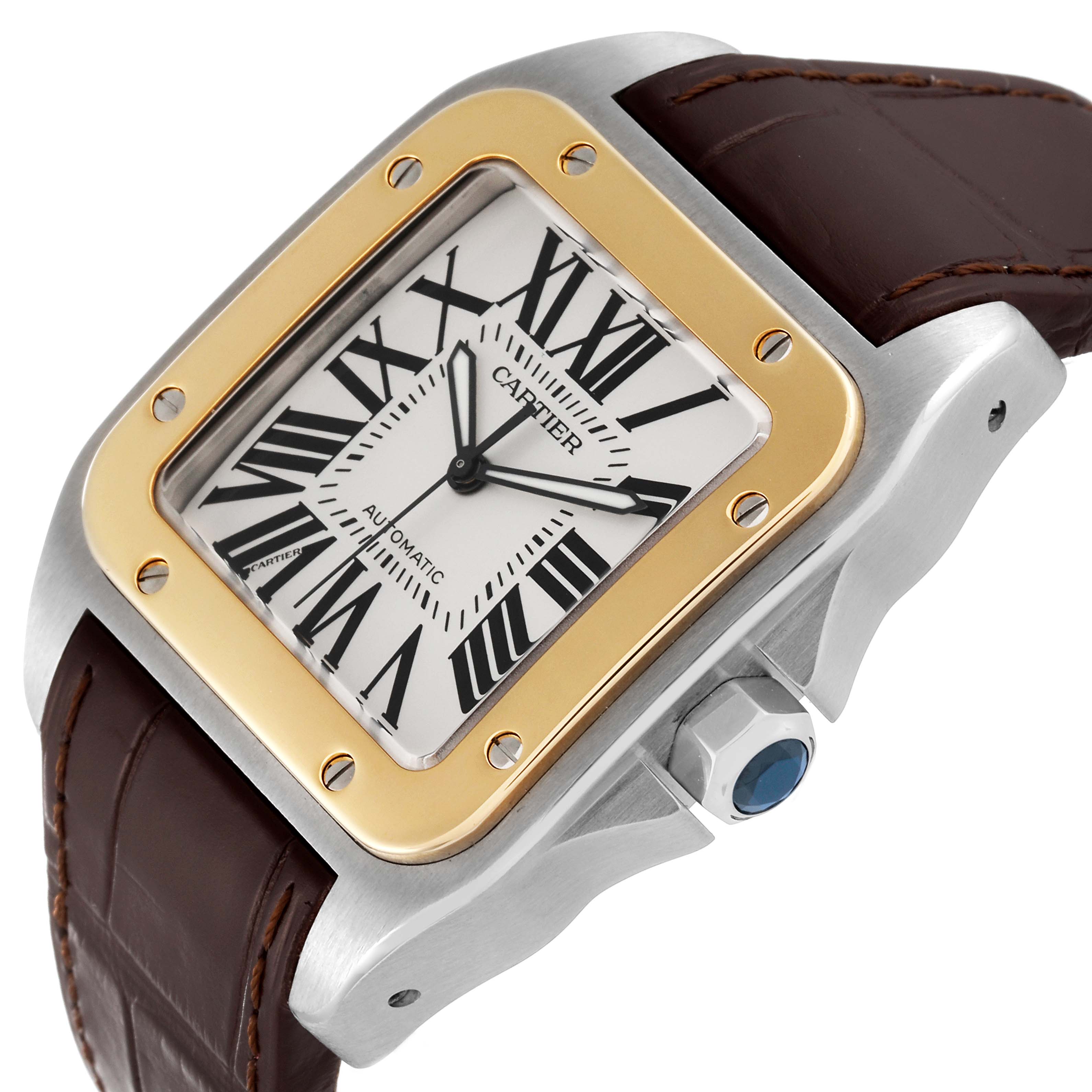 The image shows a close-up angle of a Cartier Santos W20072X7 Men
s Stainless Steel Silver Dial W20072X7 Men
s Stainless Steel Silver Dial watch, highlighting its face, bezel, crown, and leather strap.