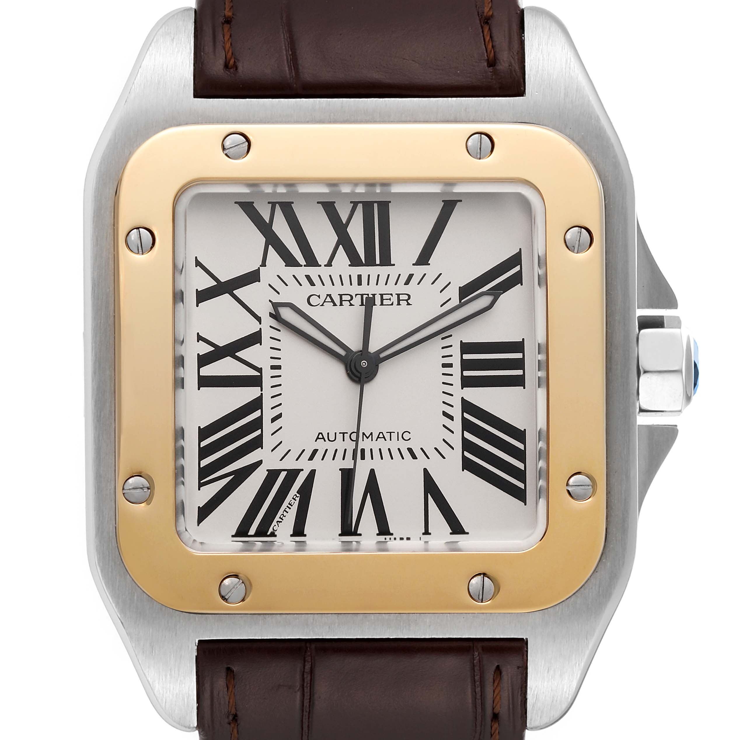 This image shows a close-up, front view of a Cartier Santos W20072X7 Men
s Stainless Steel Silver Dial W20072X7 Men
s Stainless Steel Silver Dial watch, highlighting its face, bezel, and part of the strap.