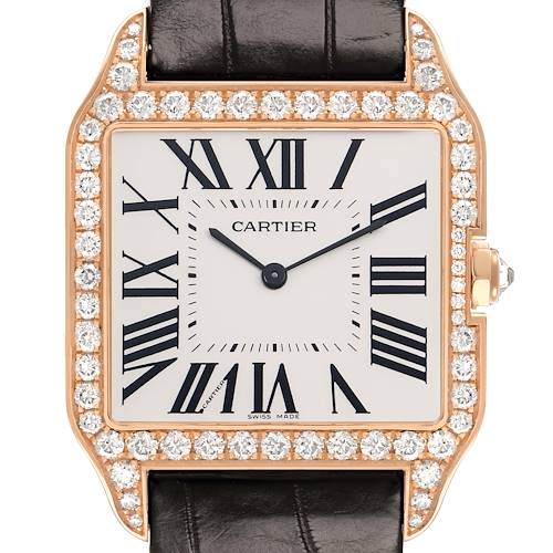 The Cartier Santos Dumont WH100651 Men's Rose Gold Silver Dial watch is shown from the front, highlighting the face, diamond bezel, and black leather strap.