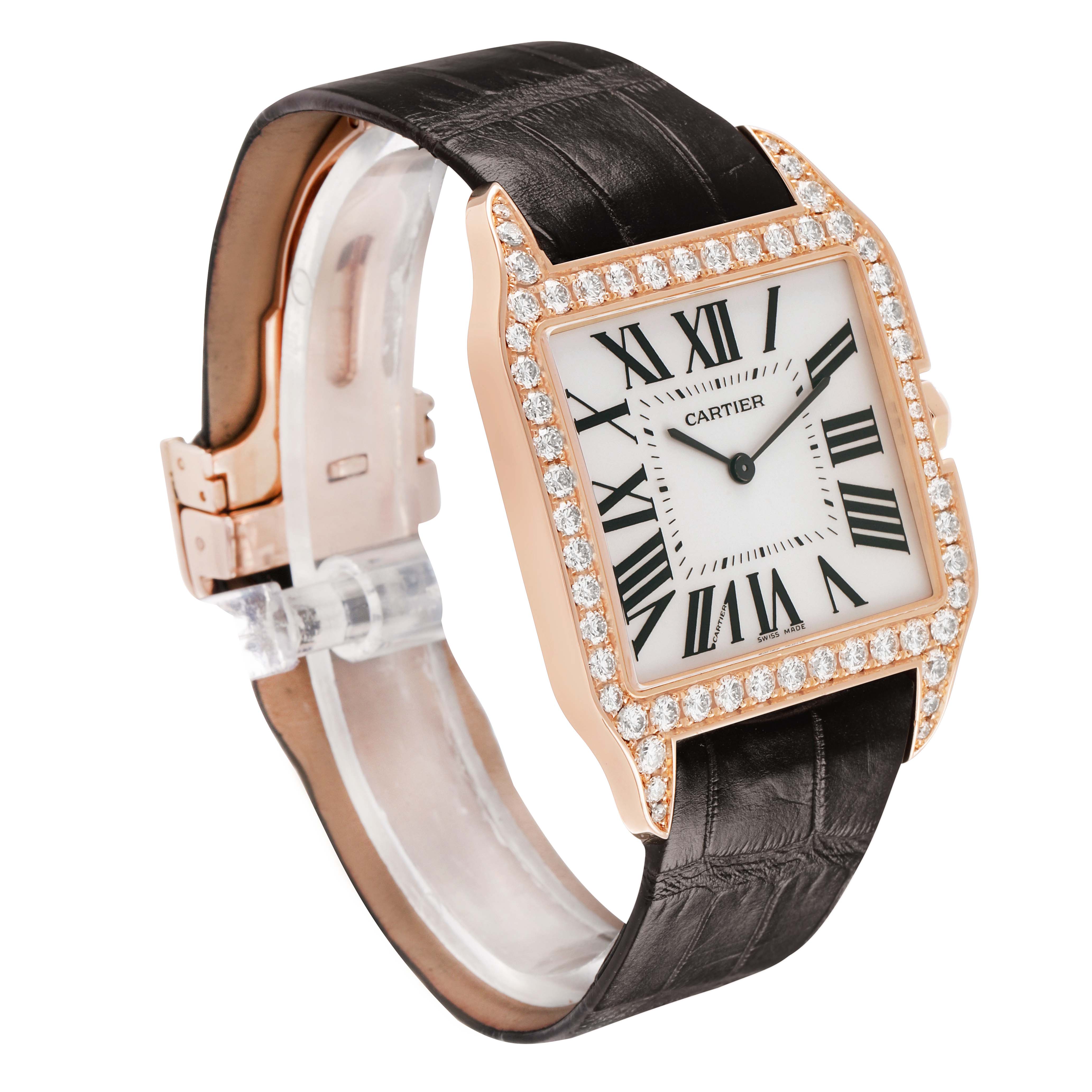 The Cartier Santos Dumont WH100651 Men's Rose Gold Silver Dial watch is shown from a three-quarter angle, highlighting its square dial, diamond bezel, and leather strap.