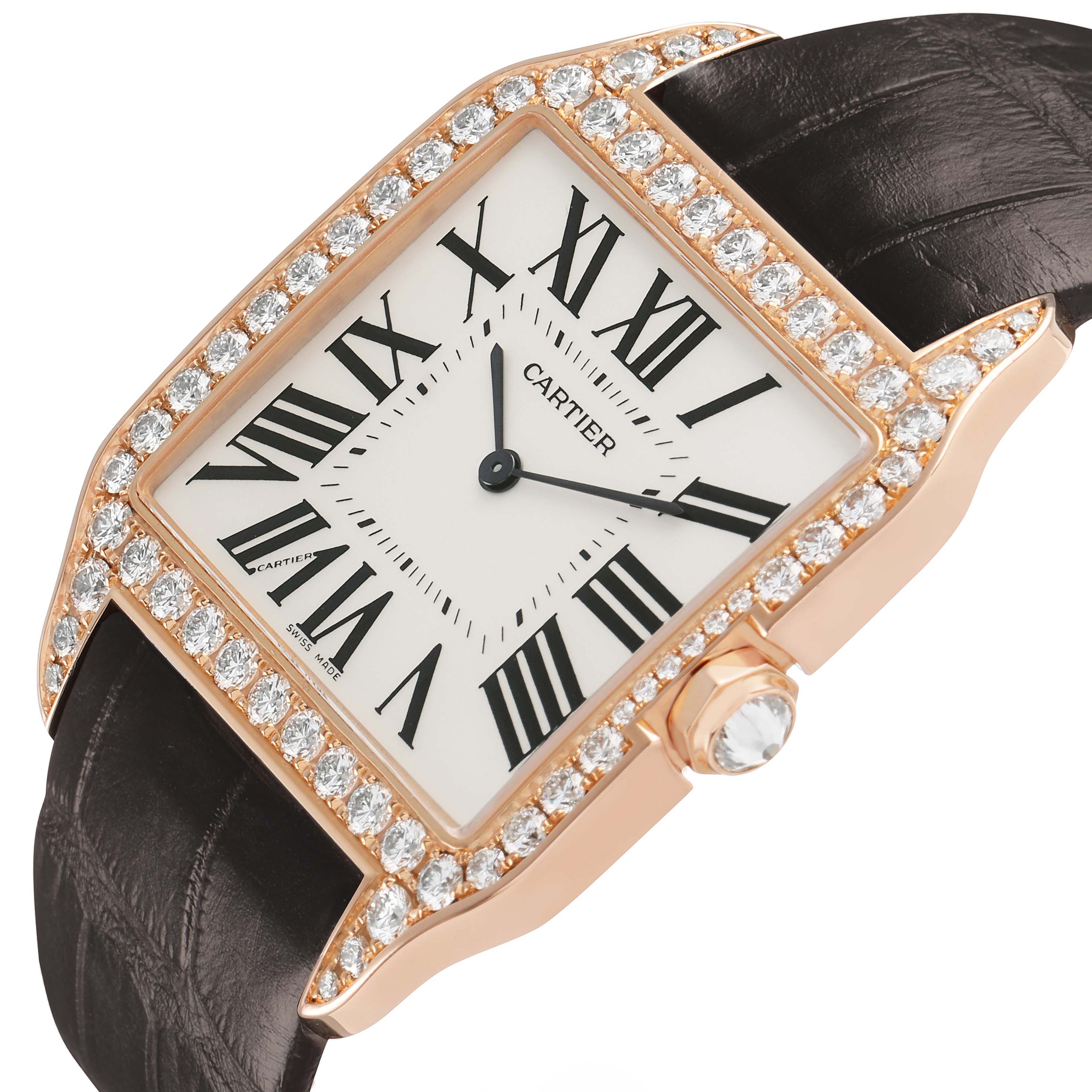 The Cartier Santos Dumont WH100651 Men's Rose Gold Silver Dial watch is shown from an angled top view highlighting the face, bezel, crown, and strap.
