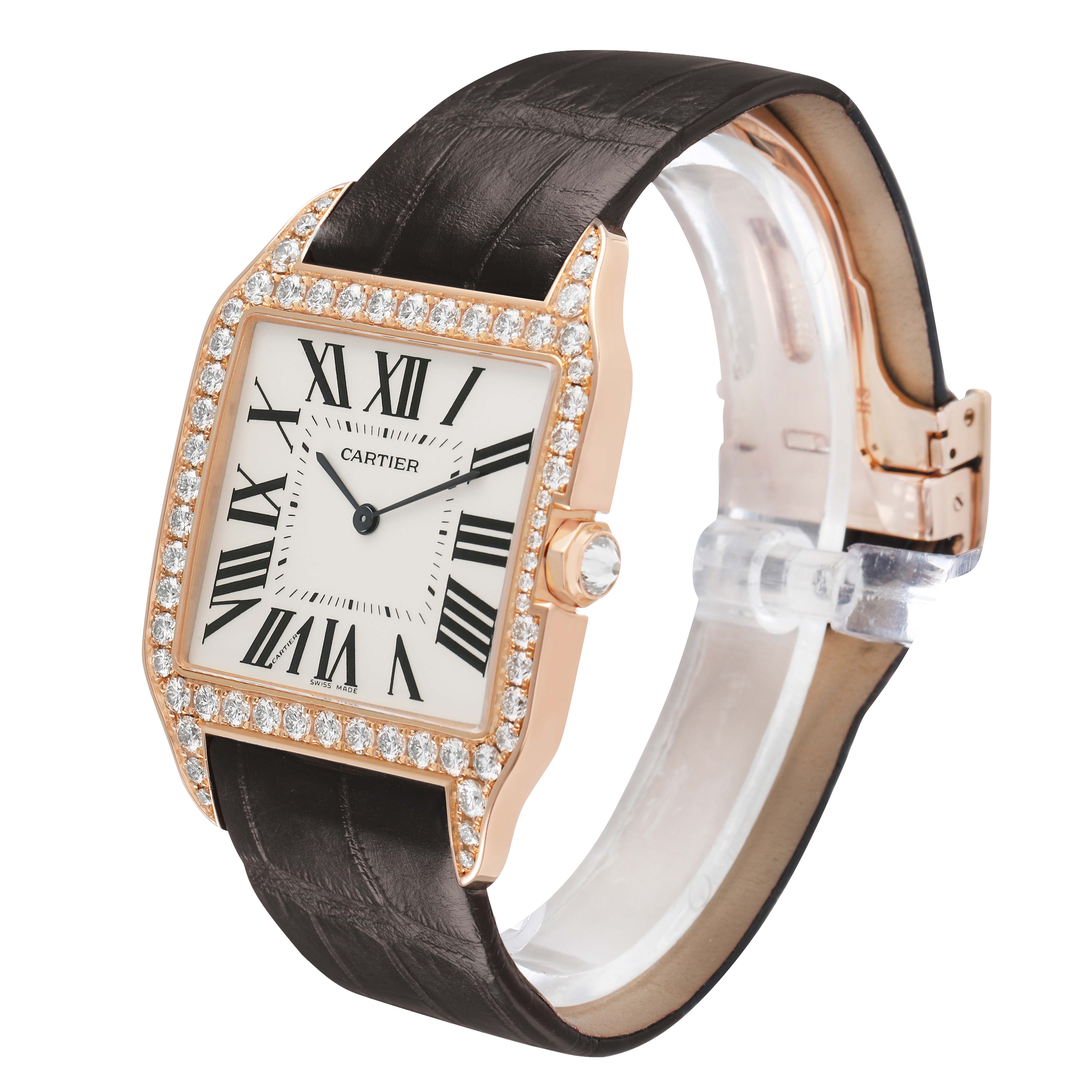 The Cartier Santos Dumont WH100651 Men's Rose Gold Silver Dial watch is shown at an angle highlighting the diamond-set bezel, Roman numeral dial, and leather strap.