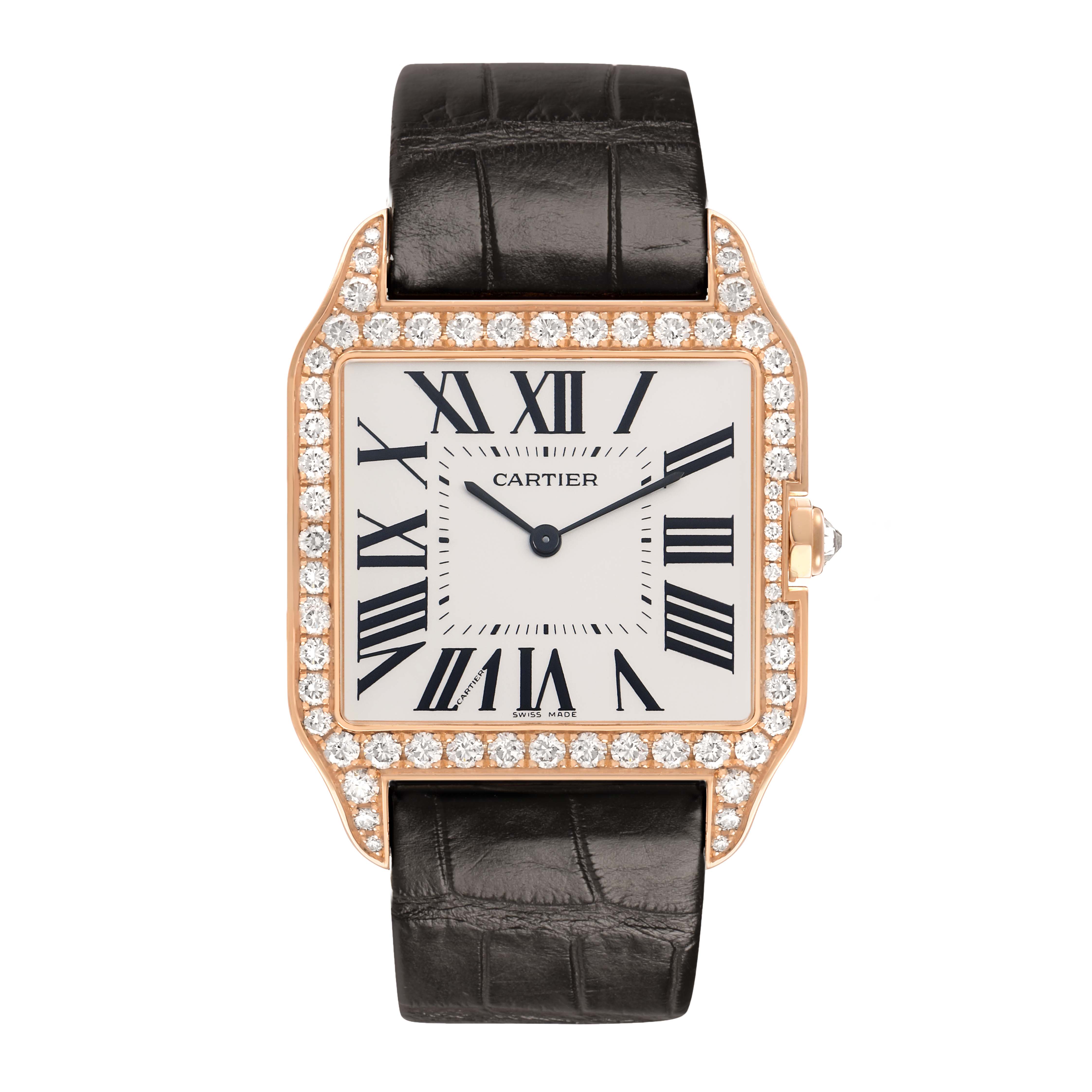 The Cartier Santos Dumont WH100651 Men's Rose Gold Silver Dial watch is shown from the front, highlighting its square dial, Roman numerals, and diamond-set bezel.