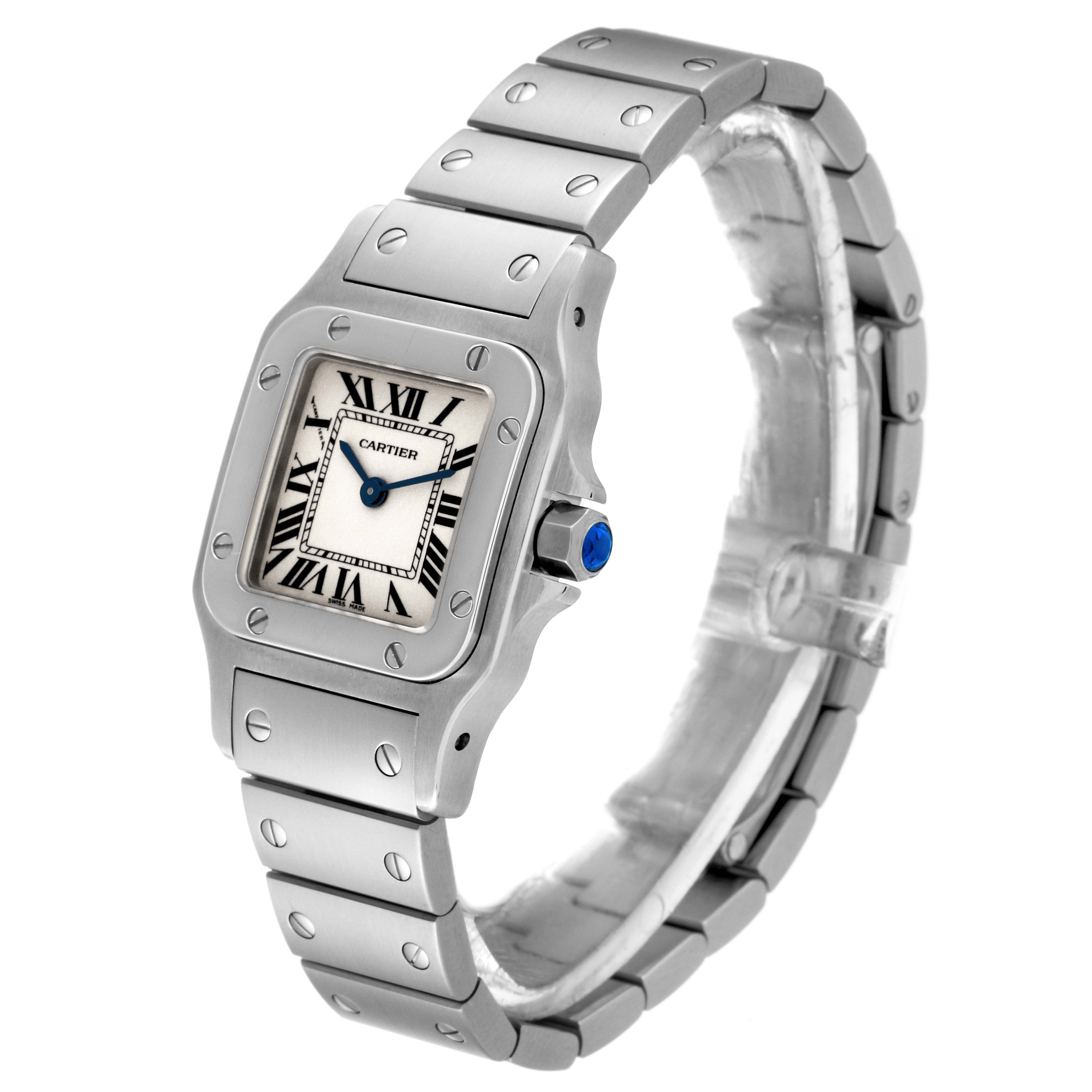 This image shows a Cartier Santos W20056D6 Women's Stainless Steel Silver Dial W20056D6 Women's Stainless Steel Silver Dial watch at a front-left angle, highlighting the face, bezel, crown, and bracelet.