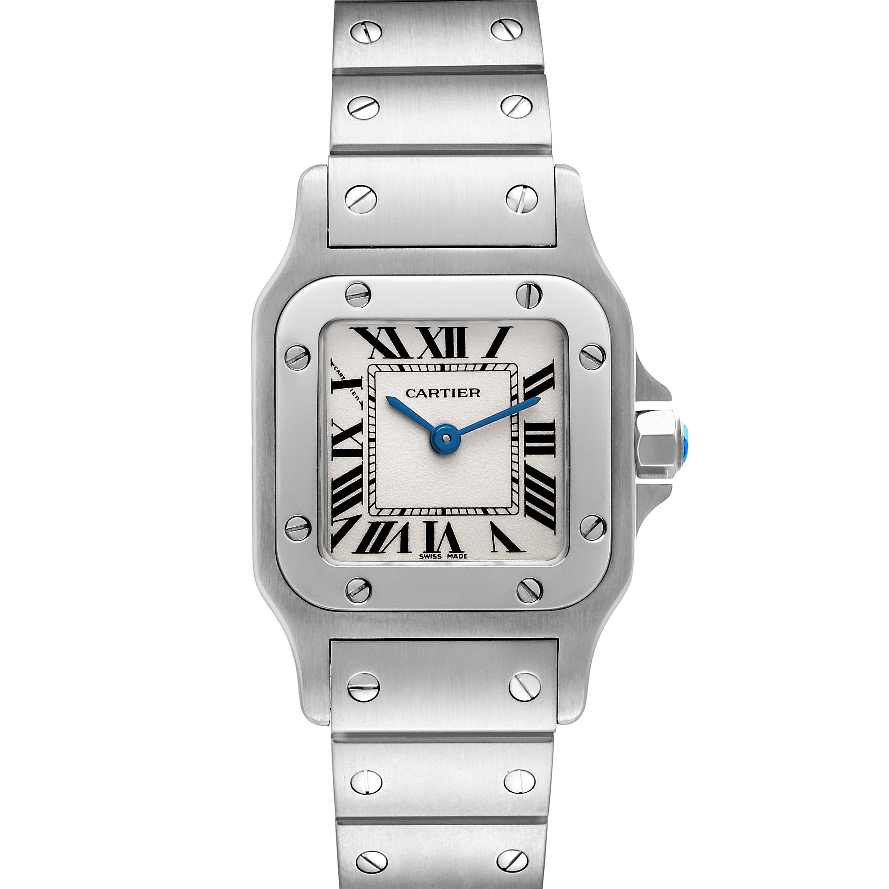 The image shows a front view of the Cartier Santos W20056D6 Women's Stainless Steel Silver Dial W20056D6 Women's Stainless Steel Silver Dial watch, highlighting the dial, bezel, and part of the bracelet.