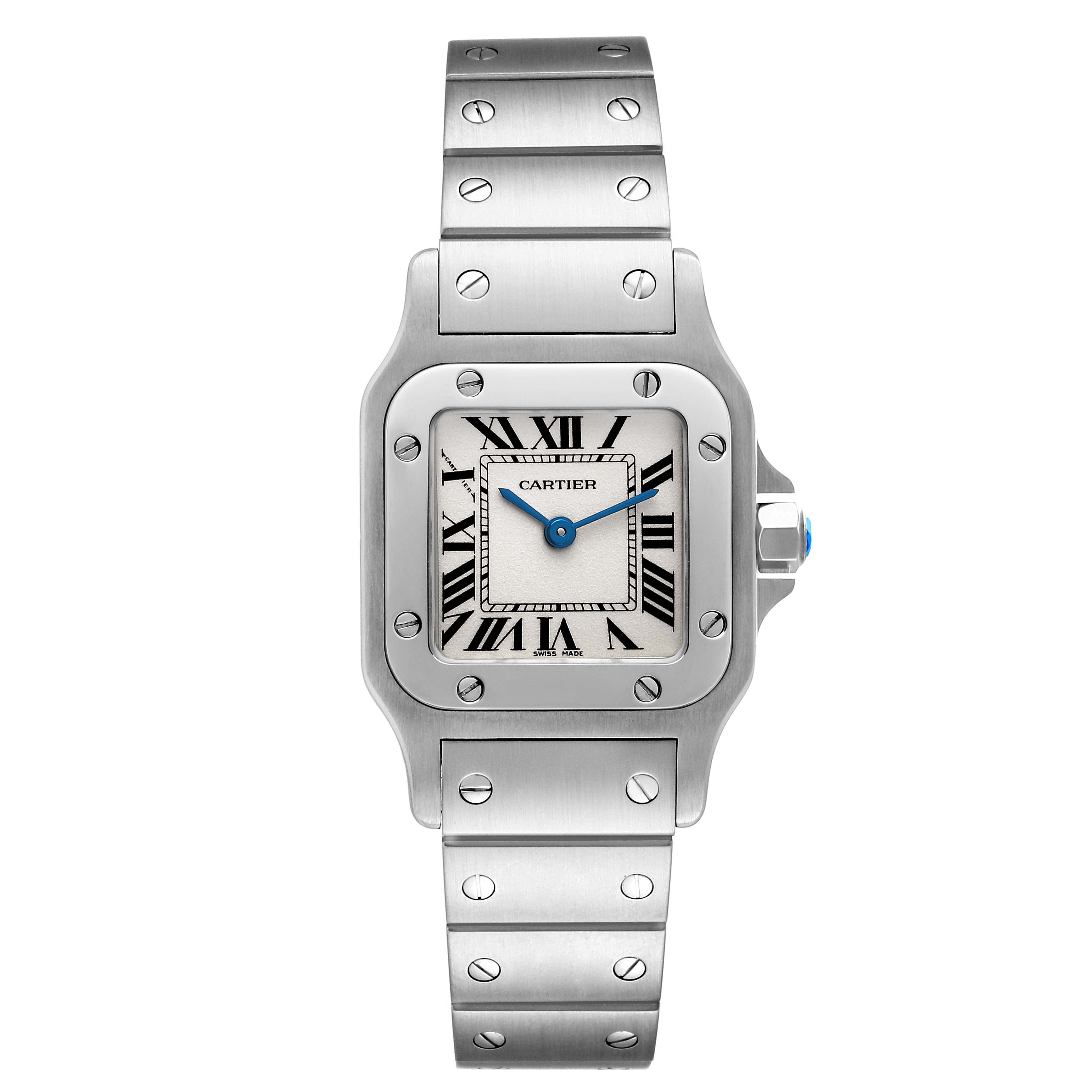 The image shows a front view of a Cartier Santos W20056D6 Women's Stainless Steel Silver Dial W20056D6 Women's Stainless Steel Silver Dial watch featuring its face, hands, bezel, and part of the bracelet.