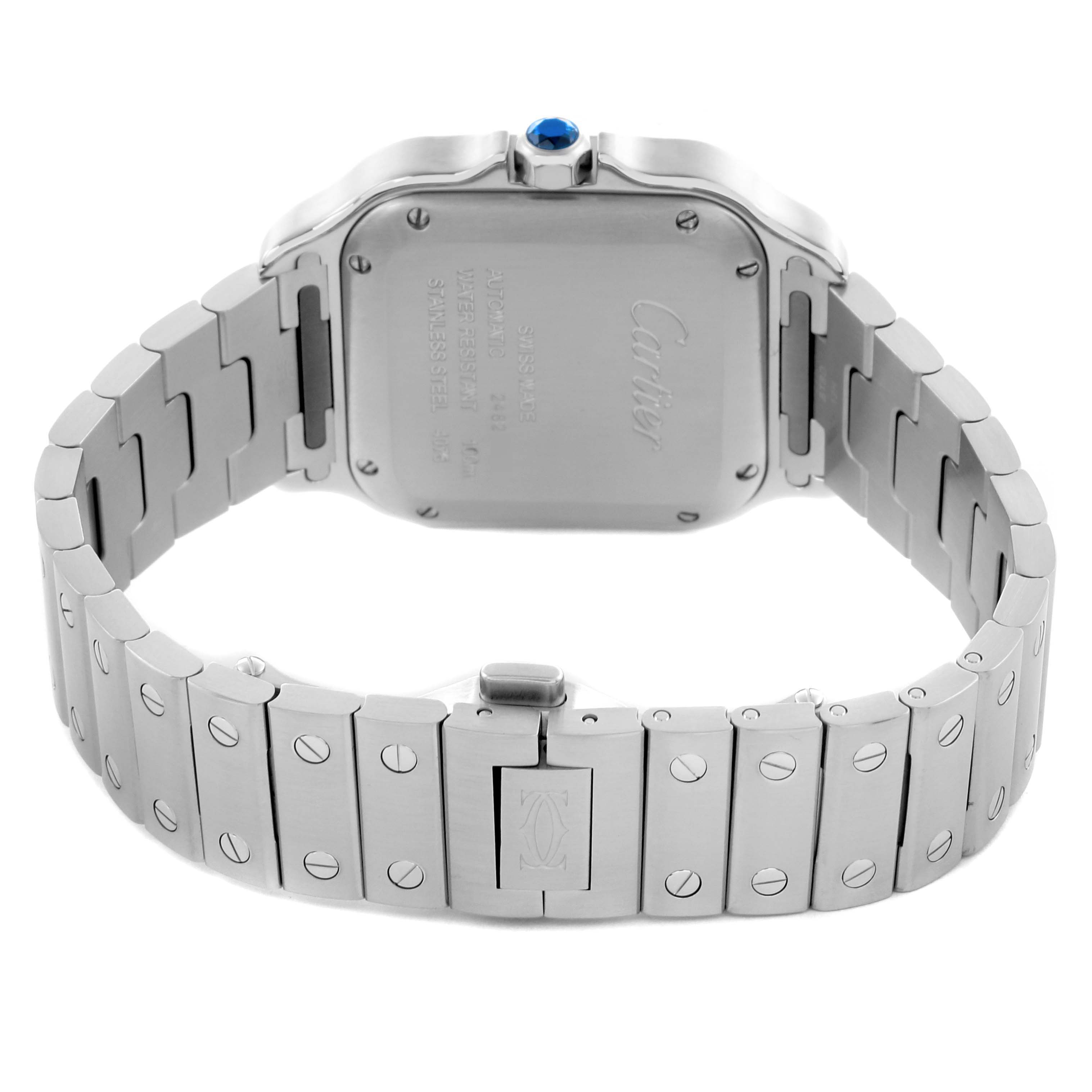 The image shows the back and bracelet of a Cartier Santos W4SA0005 Men's Stainless Steel Silver Dial W4SA0005 Men's Stainless Steel Silver Dial watch, highlighting the clasp and caseback details.
