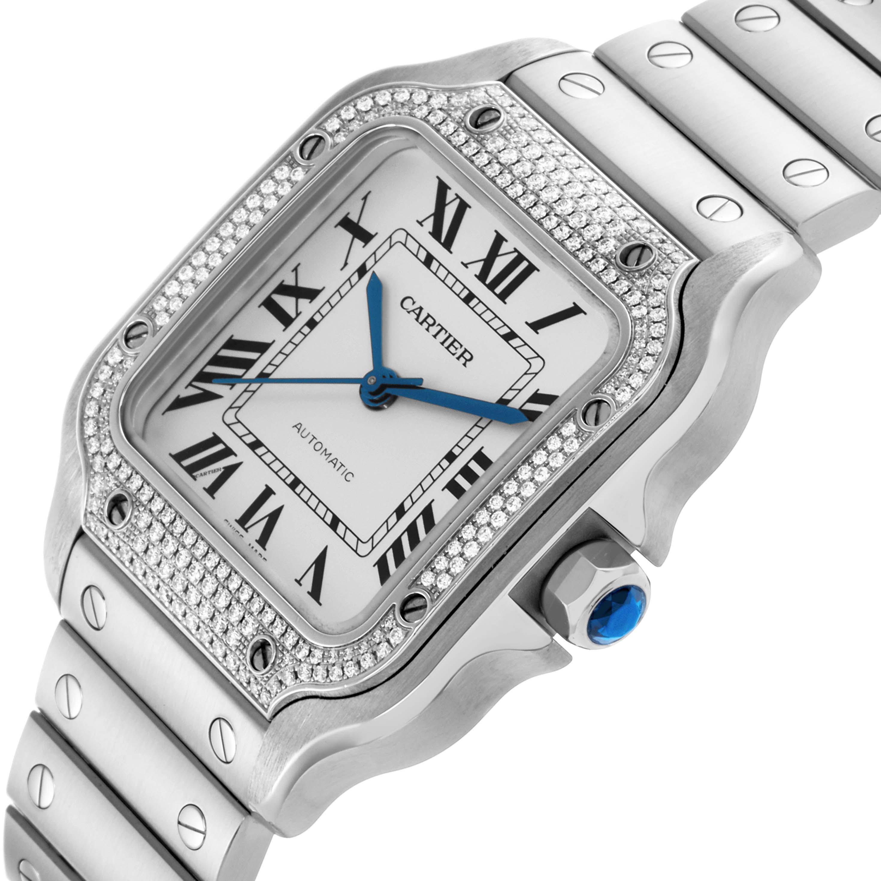 The Cartier Santos W4SA0005 Men's Stainless Steel Silver Dial W4SA0005 Men's Stainless Steel Silver Dial watch is shown from a side angle highlighting the dial, bezel with diamonds, and part of the bracelet.