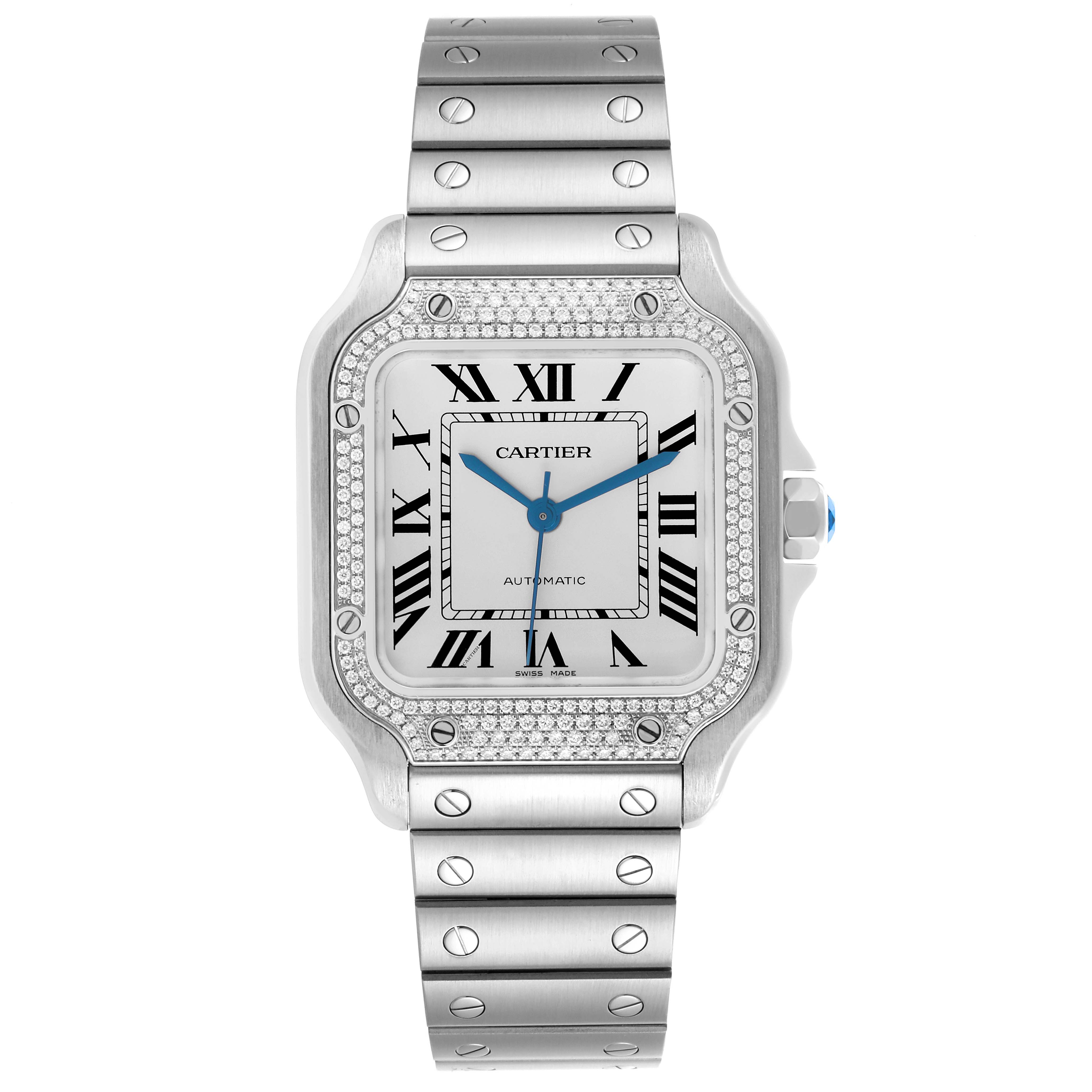 The Cartier Santos W4SA0005 Men's Stainless Steel Silver Dial W4SA0005 Men's Stainless Steel Silver Dial watch is shown from the front, highlighting its square face, Roman numerals, blue hands, and metallic bracelet.